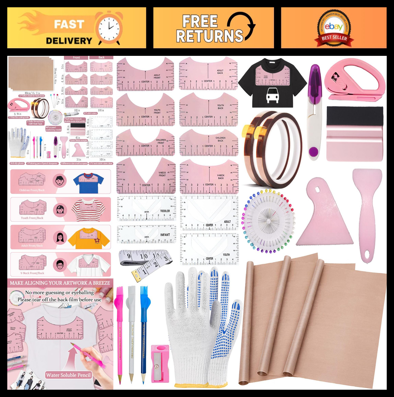 Sublimation T-Shirt Alignment Ruler Set, Reusable Round & V-Neck Guide, Heat Pre