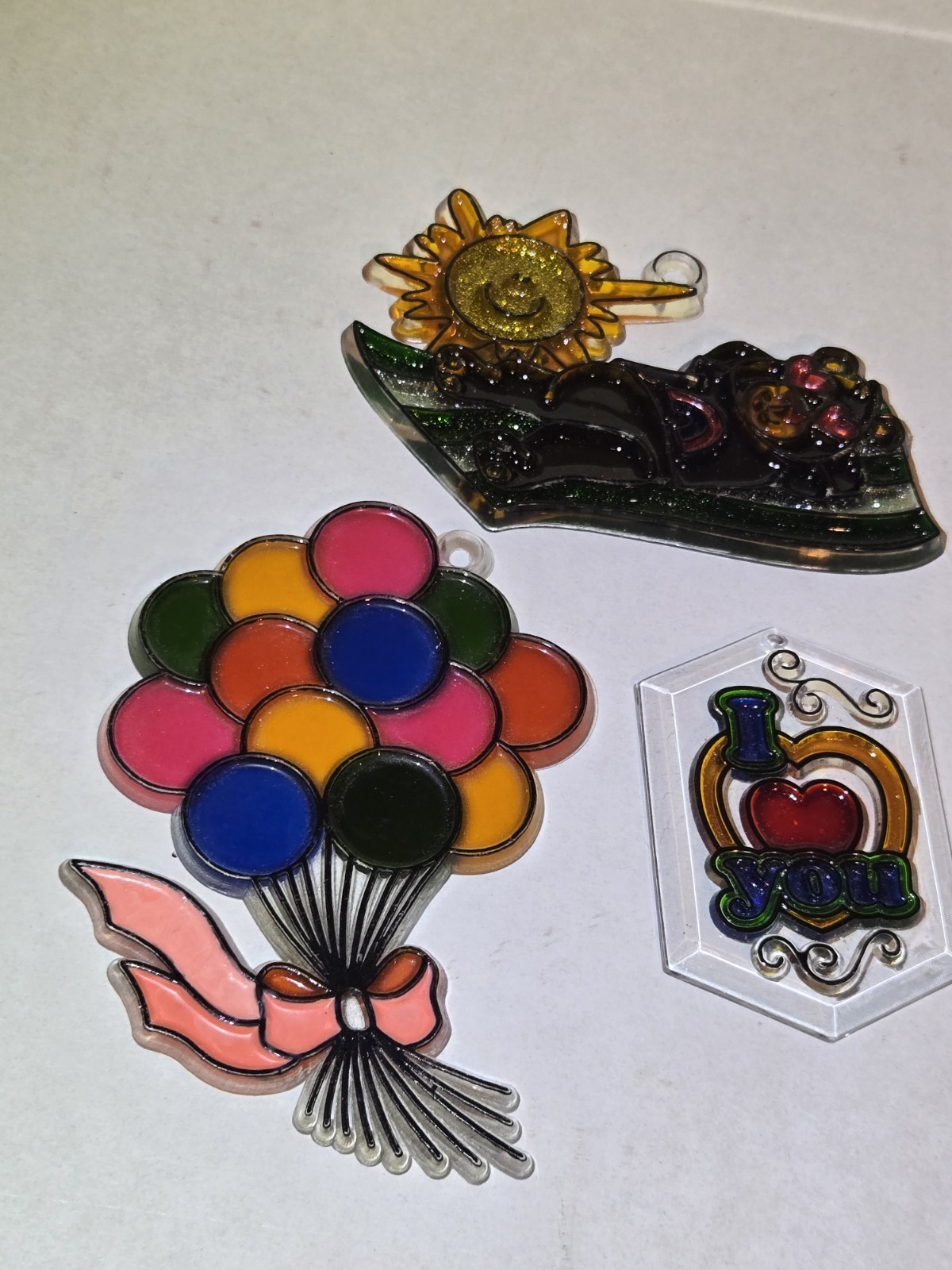 3 Pcs Suncatcher Lot Vtg Hand Painted Bear Balloons I Love You