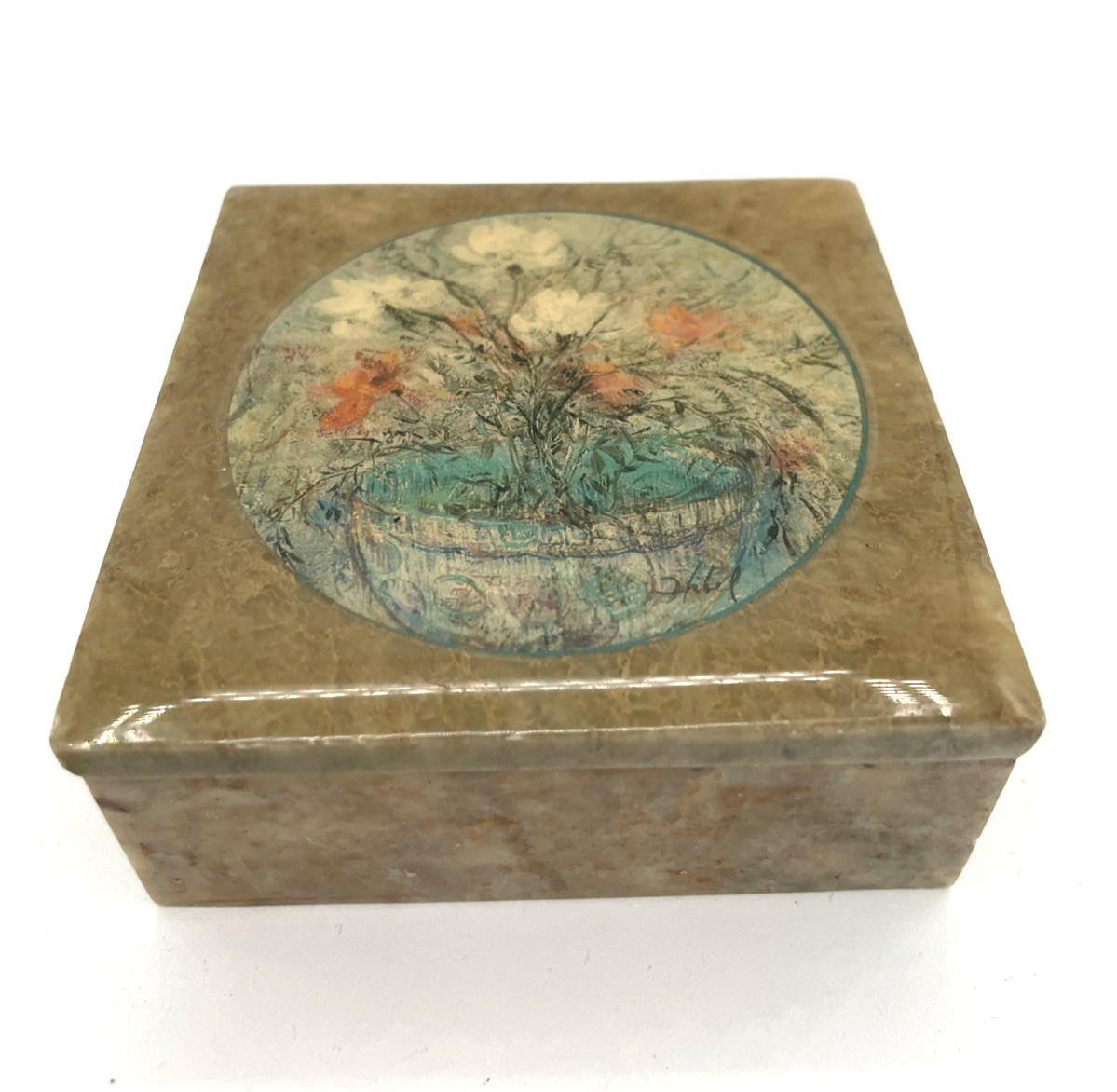 Vintage Green Alabaster Trinket Box with Flower Motif - Square Jewelry Box