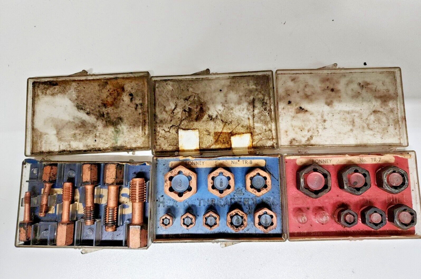Set of 3 Vintage Bonney Tools Hex Rethreader Die Sets TR-7 TR-8 804B