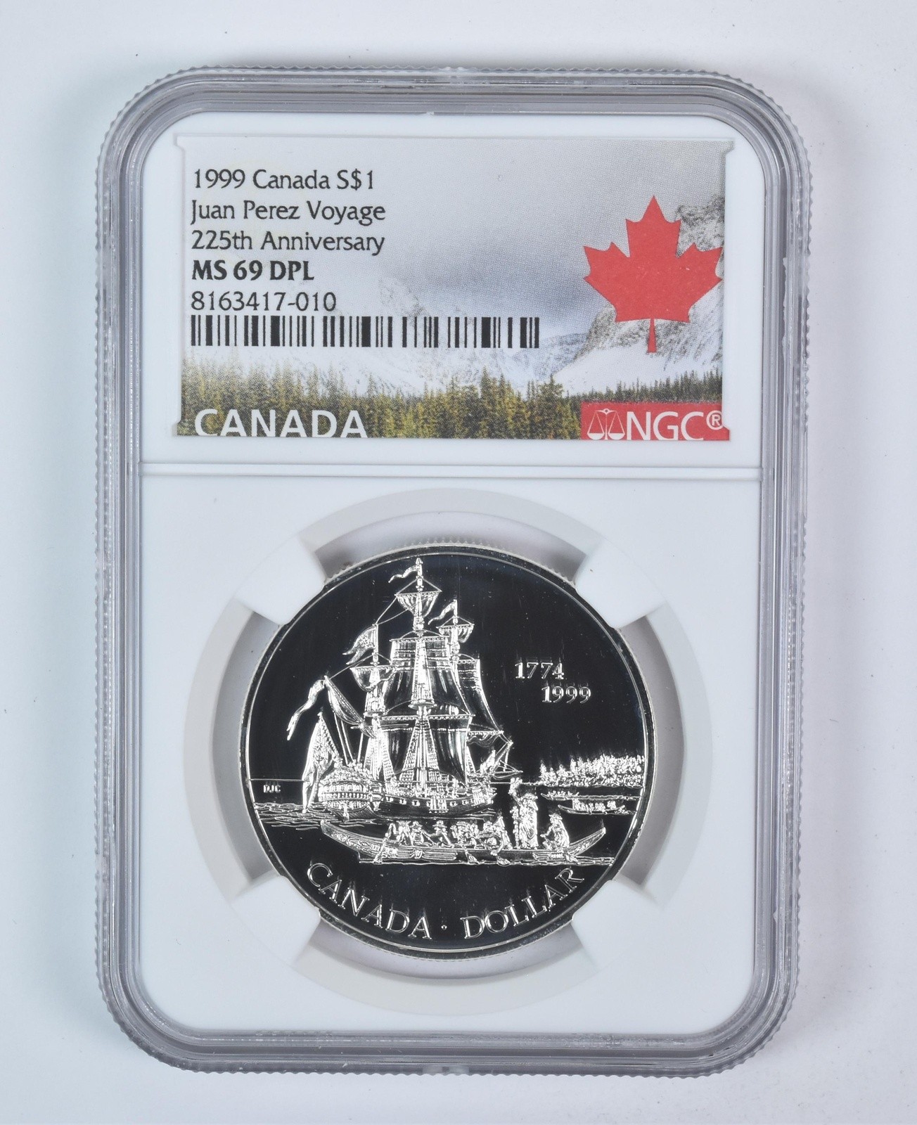 1999 Canada 1 Dollar Silver Juan Perez Voyage MS69 DPL NGC Canada Label