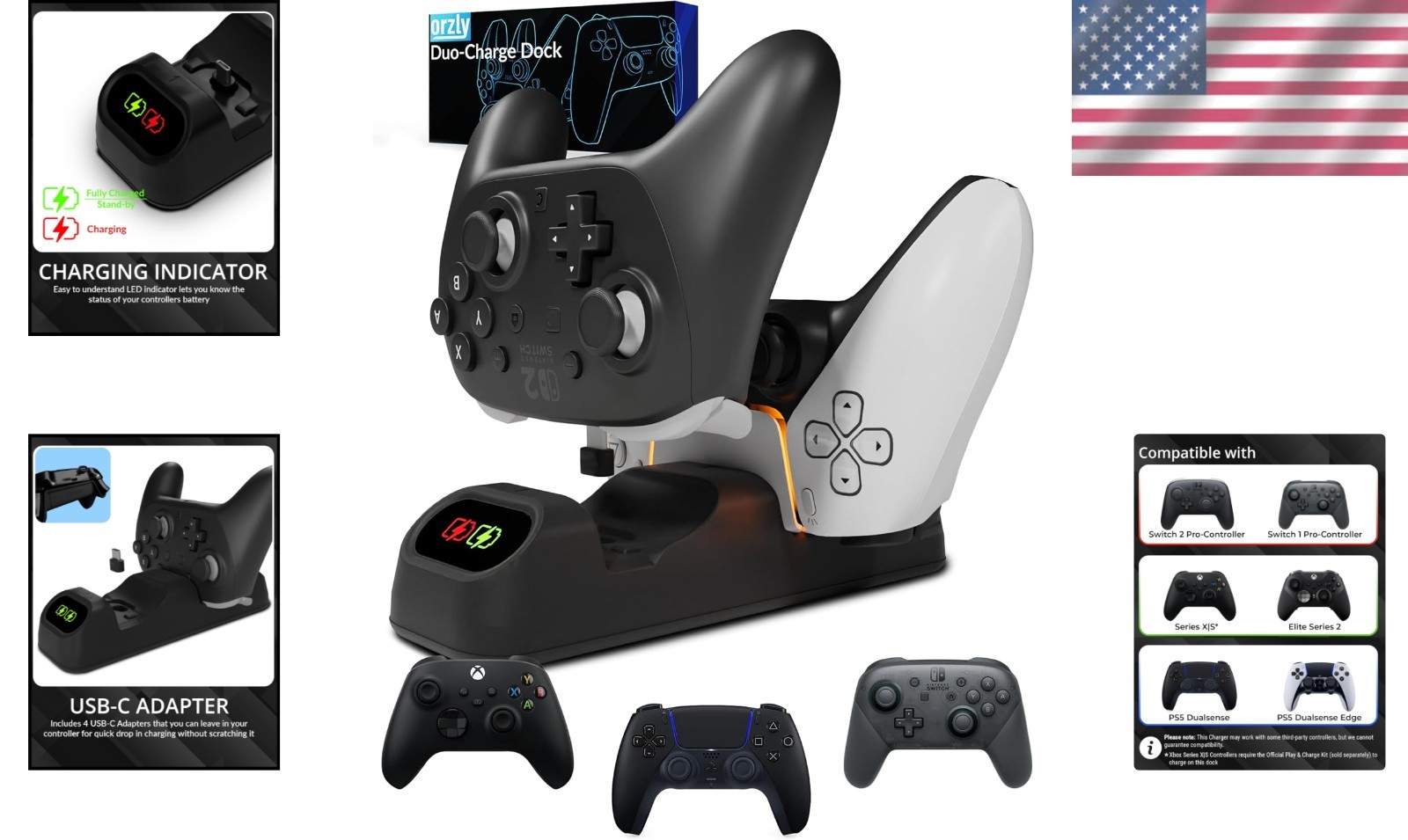 Universal USB-C Controller Charging Dock - Jet Black Duo Charger with Protection