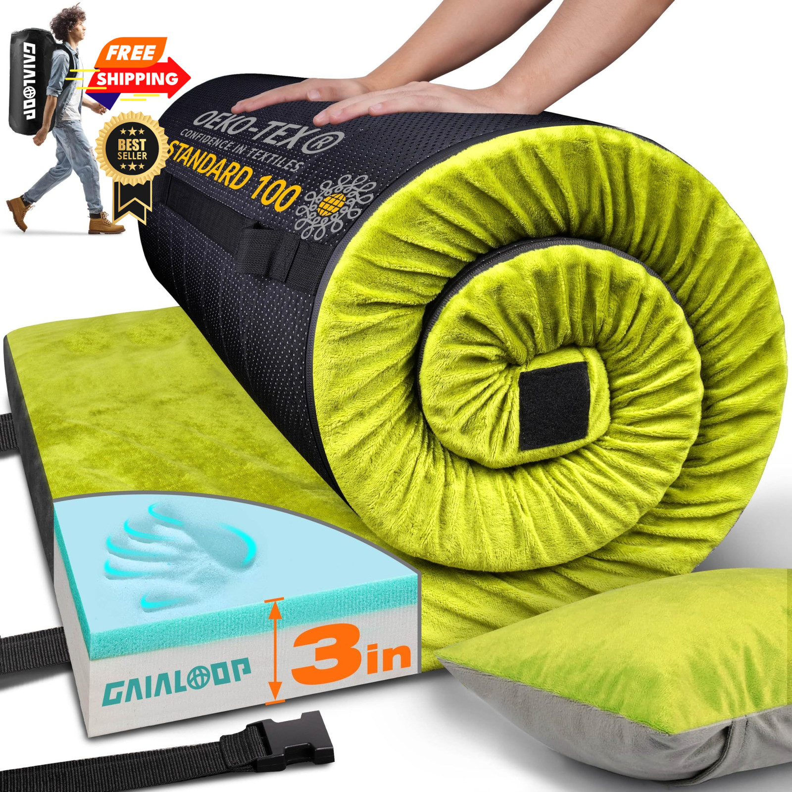 GAIALOOP 3 Inch Memory Foam Camping Mattress, Cot: 72*24*3", Avocado Green