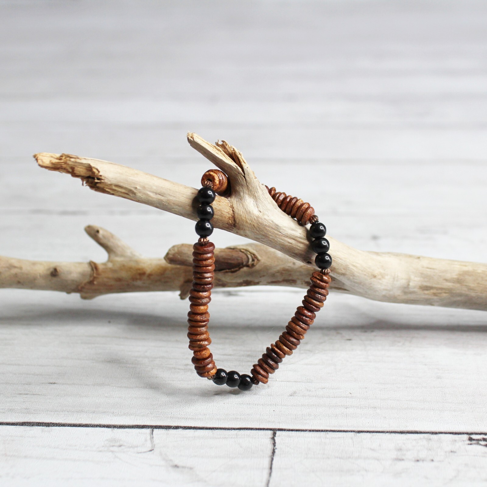 Handcrafted Women's Beaded Elastic Stretch Bracelet Artisan Jewelry Brown Black