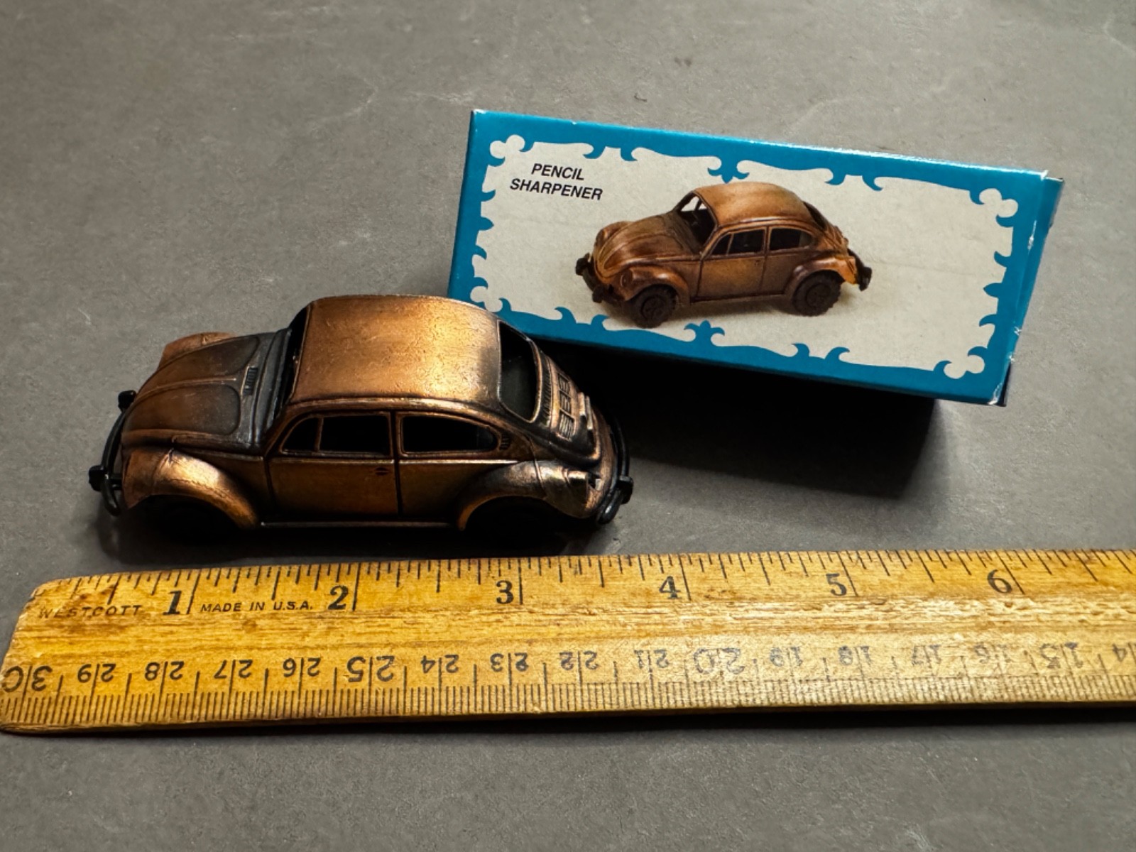 ANTIQUE FINISHED DIE CAST VW BEETLE BUG PENCIL SHARPENER NO 1908 NIB