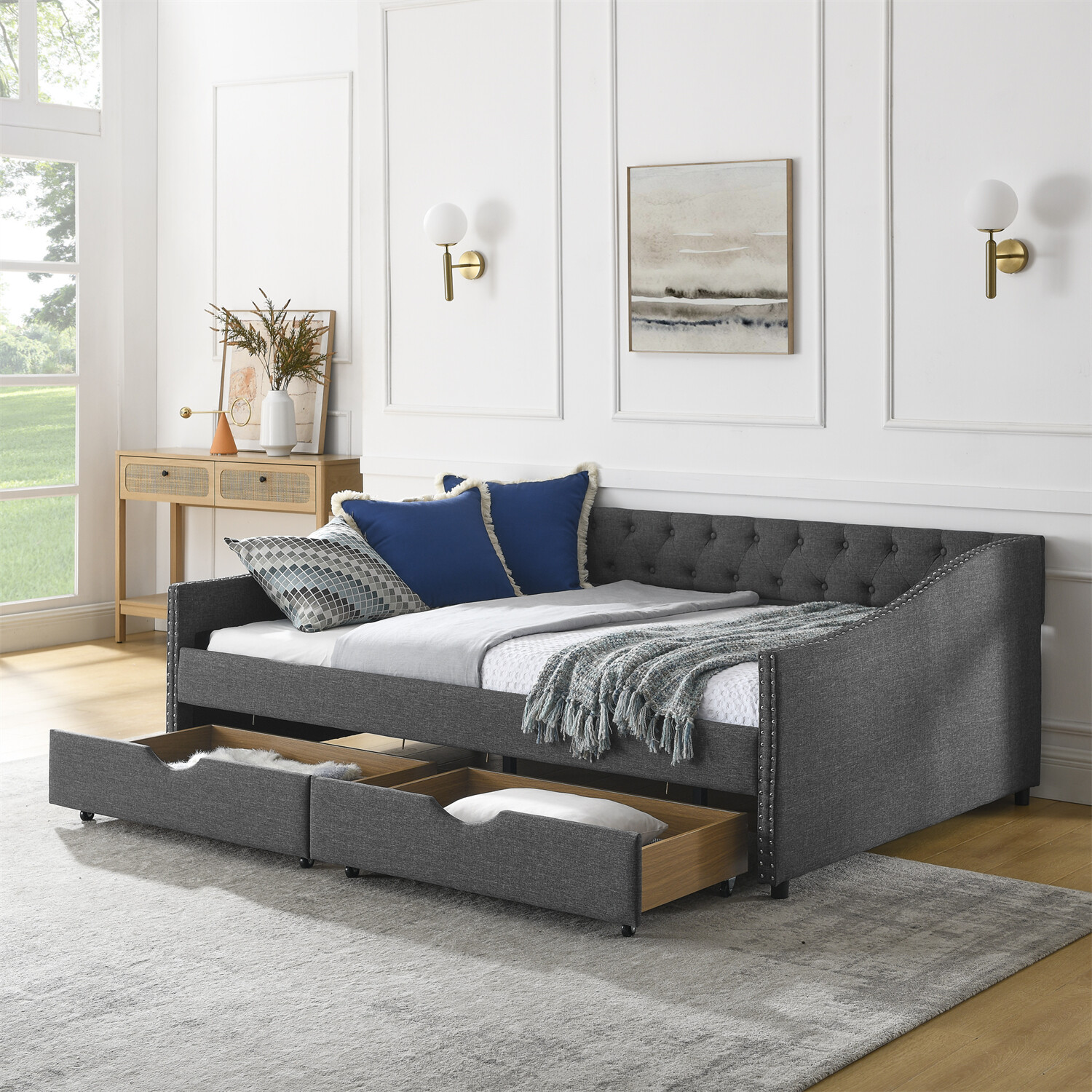 Full Size Daybed Upholstered Bed Frame Sofa Bed with 2 Storage Drawer US