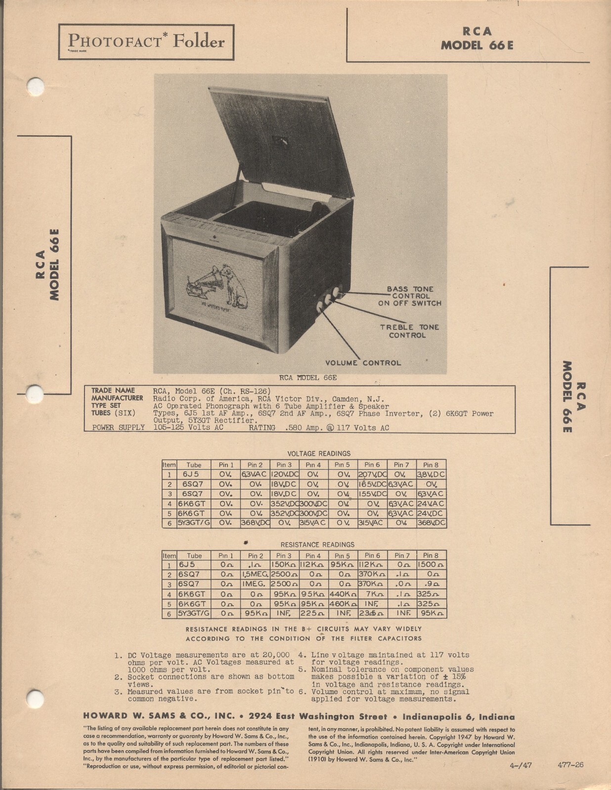 RCA Model 66E Sams Photofact 1947, 4 pages, New Old Stock