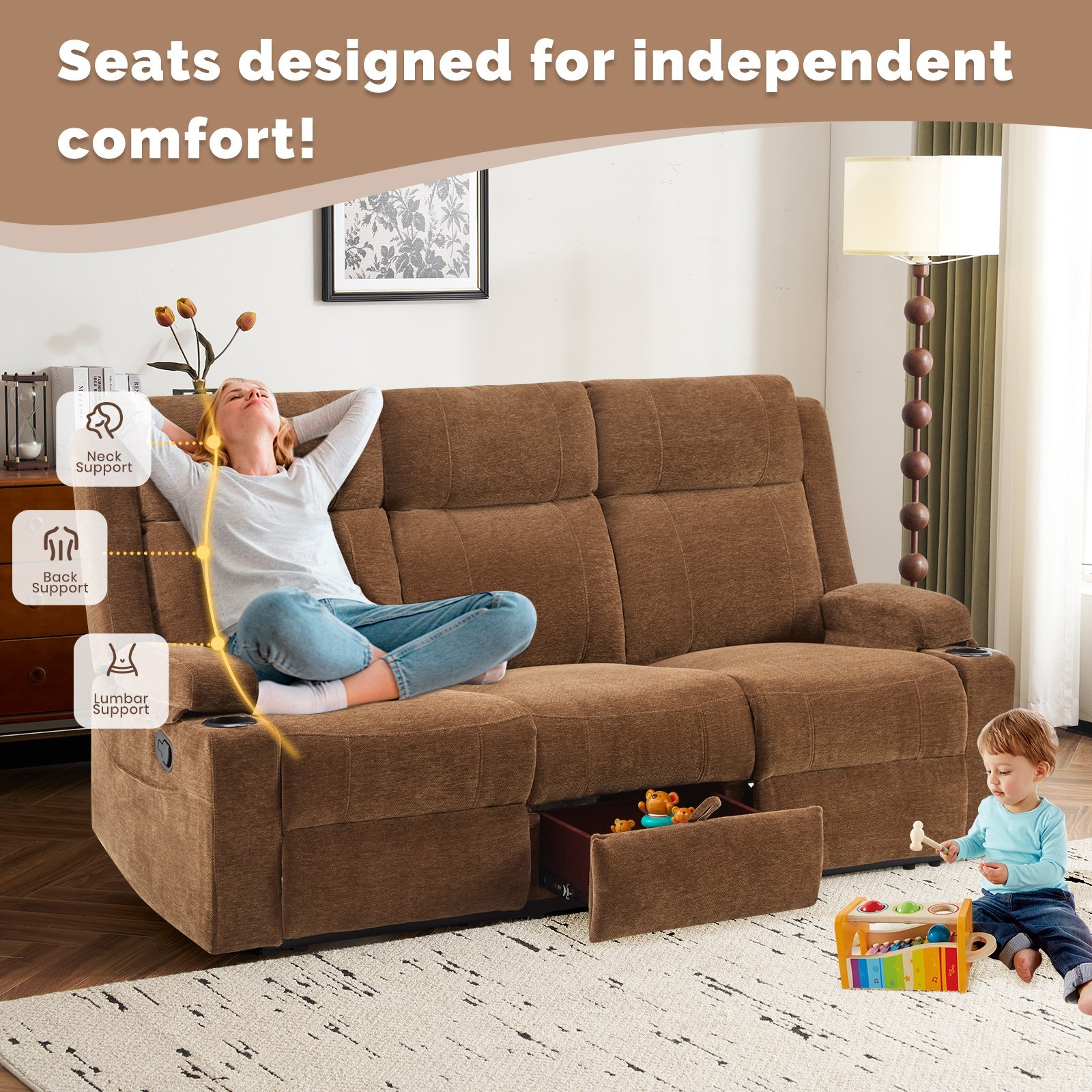 Chenille Reclining Sofa 3-Seater with Convertible Table, Storage Ottoman