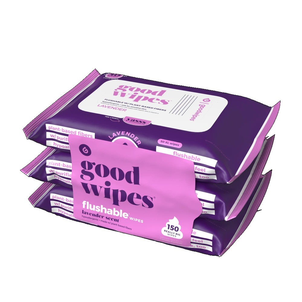 goodwipes 3-Pack Flushable Wipes - 150 Total, Lavender Scented Butt Wipes
