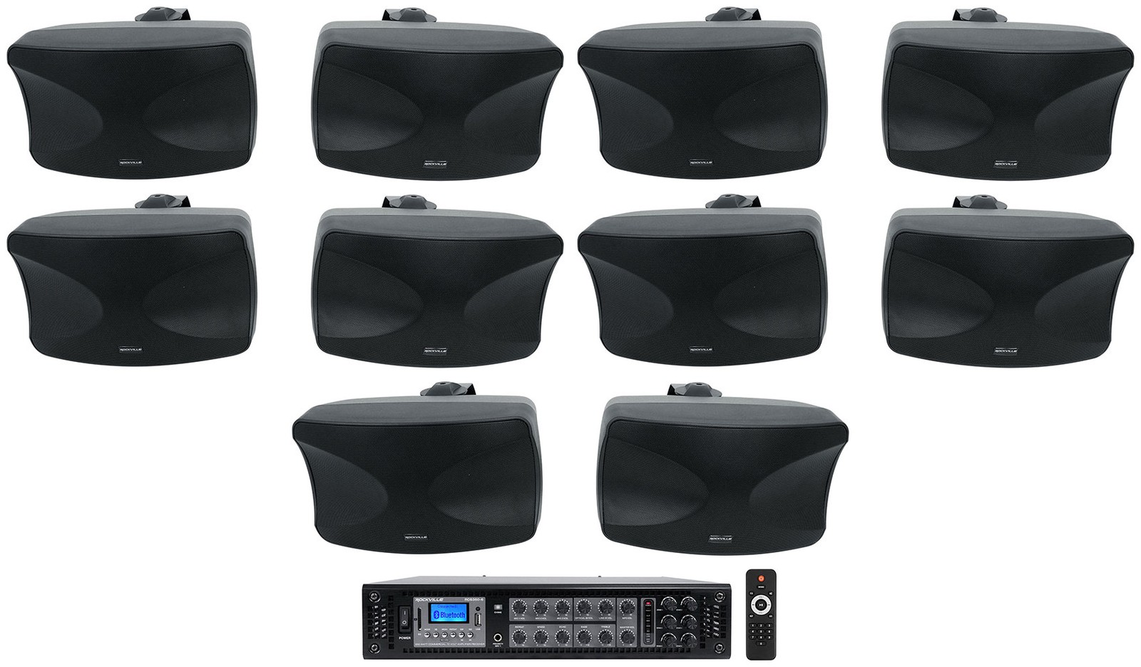 (10) Rockville WET-44 PRO Dual 4" 4-Way Swivel 70V Black Commercial Speakers+Amp