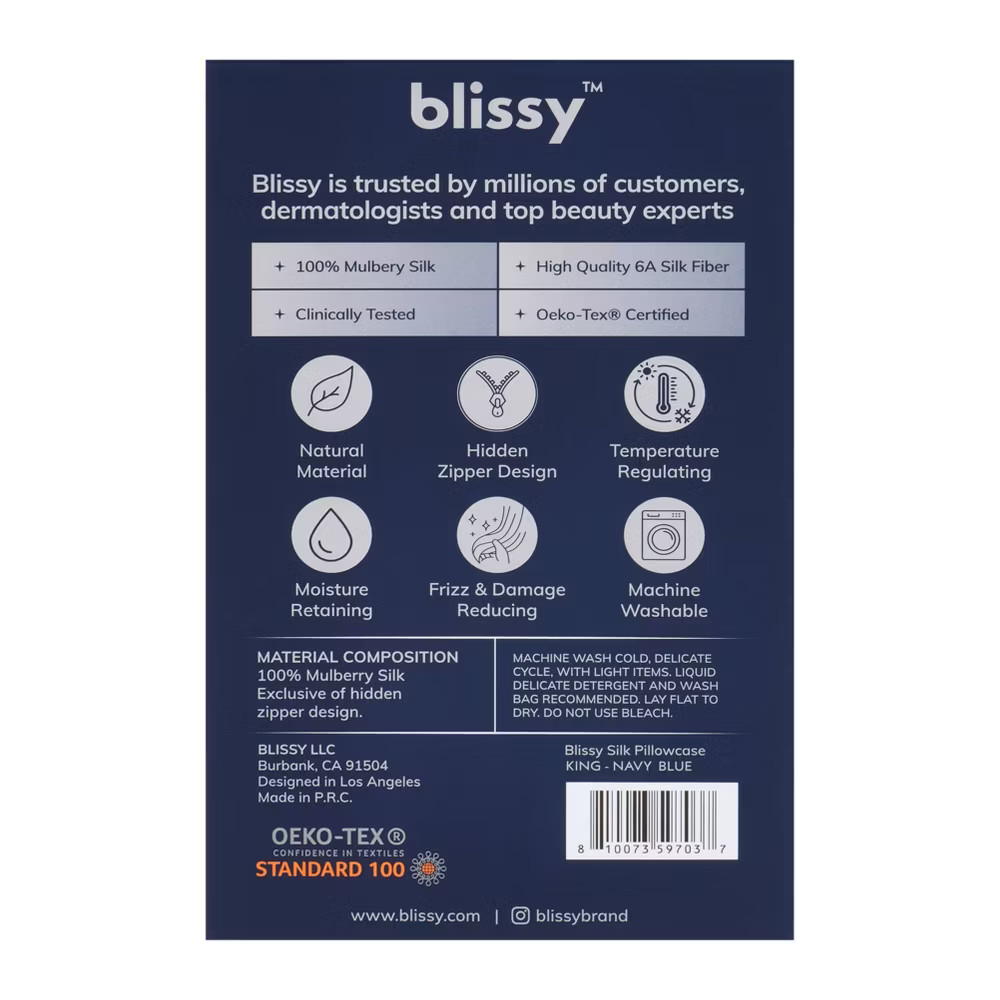 Blissy King 600 Thread Count Silk Pillowcase Navy Blue