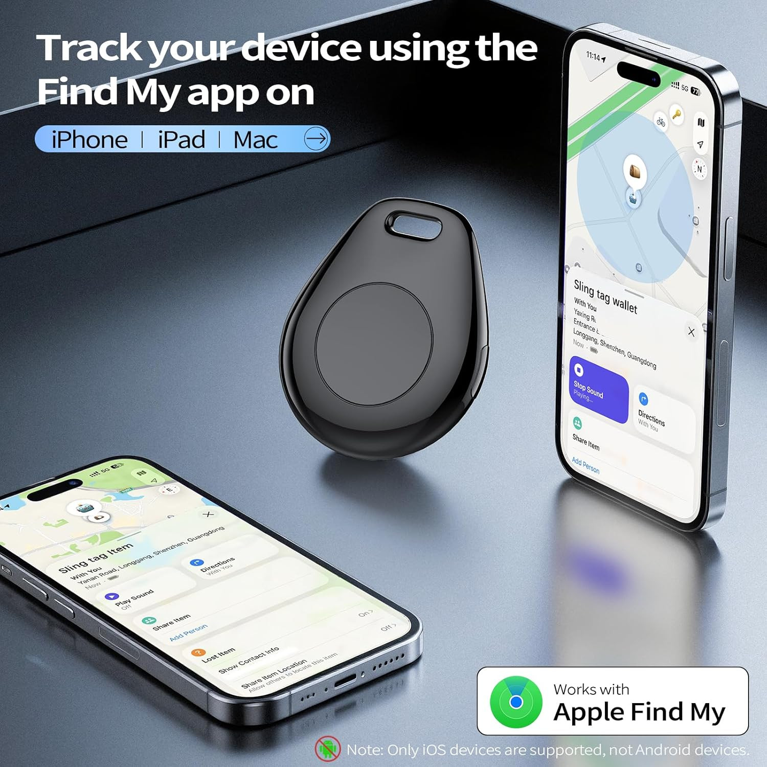 [iOS Only] Tukio Air Tracker Tags 4 Pack Black, [Apple MFi Certified] Bluetooth