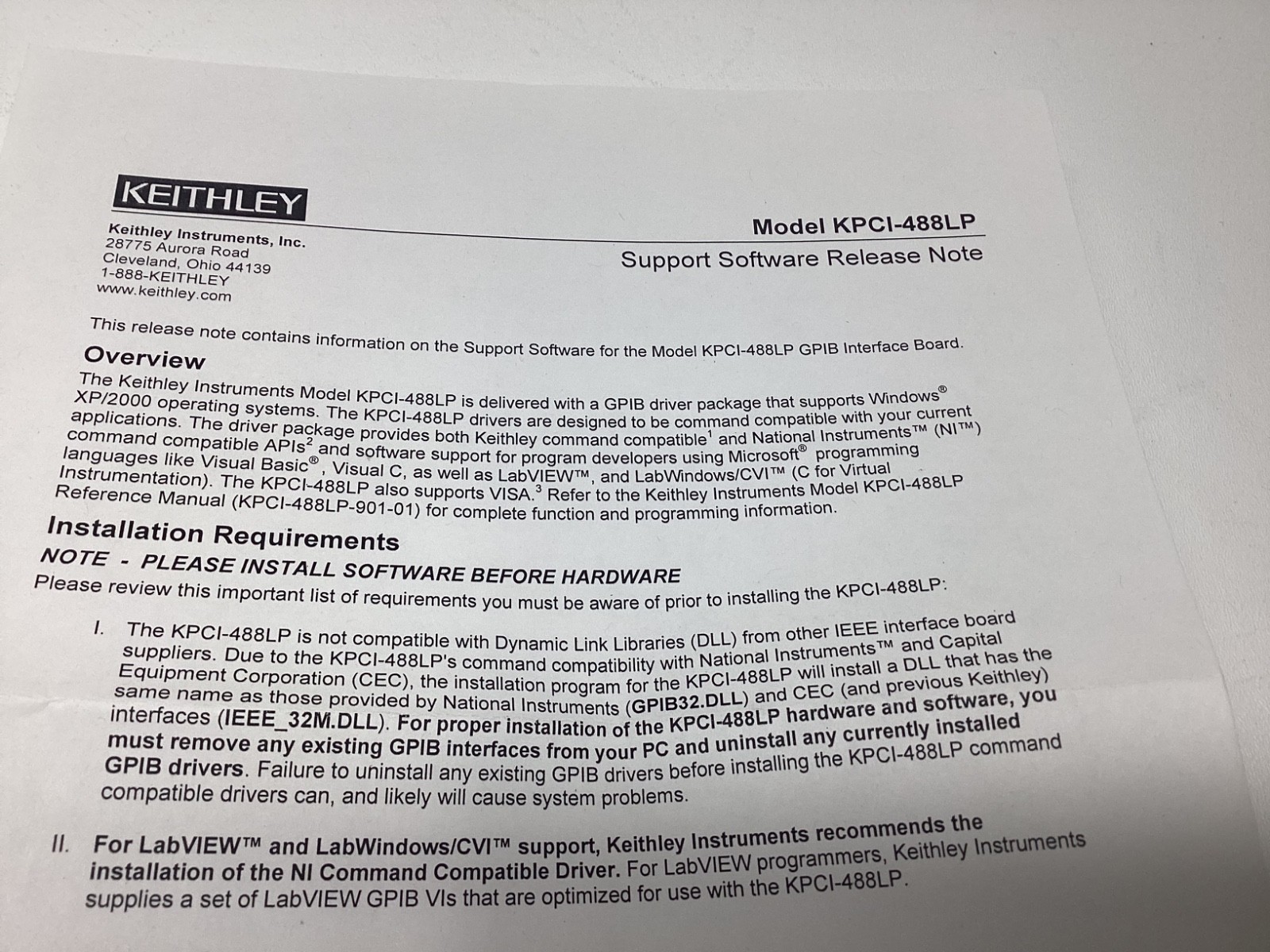 KEITHLEY KPCI-488LP COMPUTER INTERFACE BOARD. NEW. GUARANTEED.