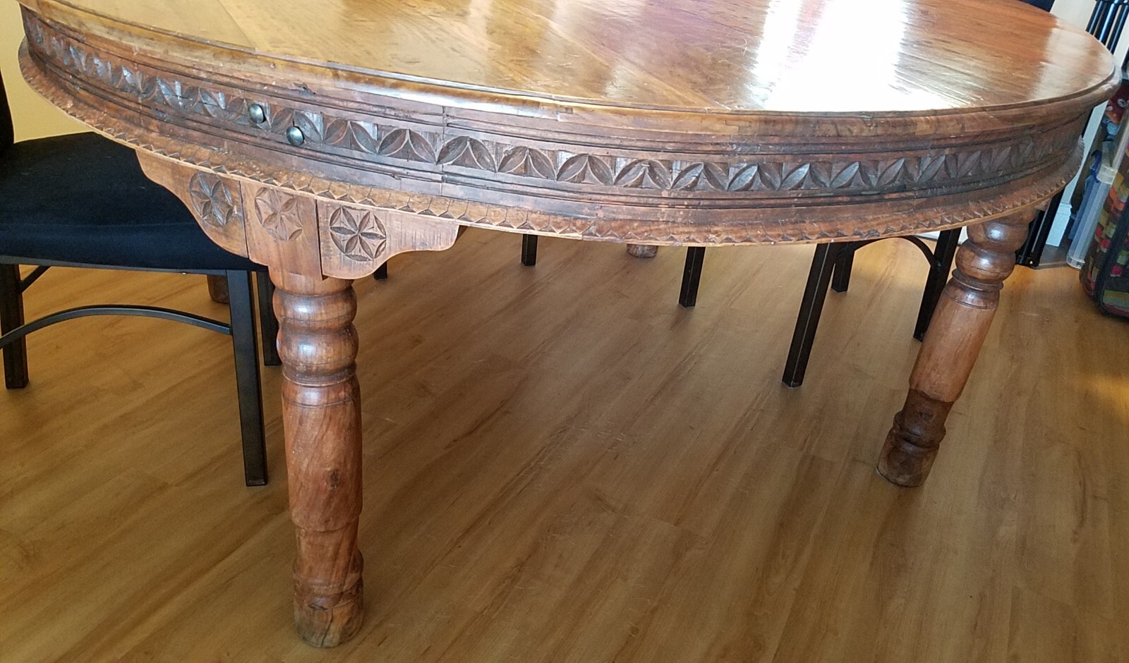 Rustic Custom Designed Solid Wood Round Indonesian Dining Table with 8 Chairs