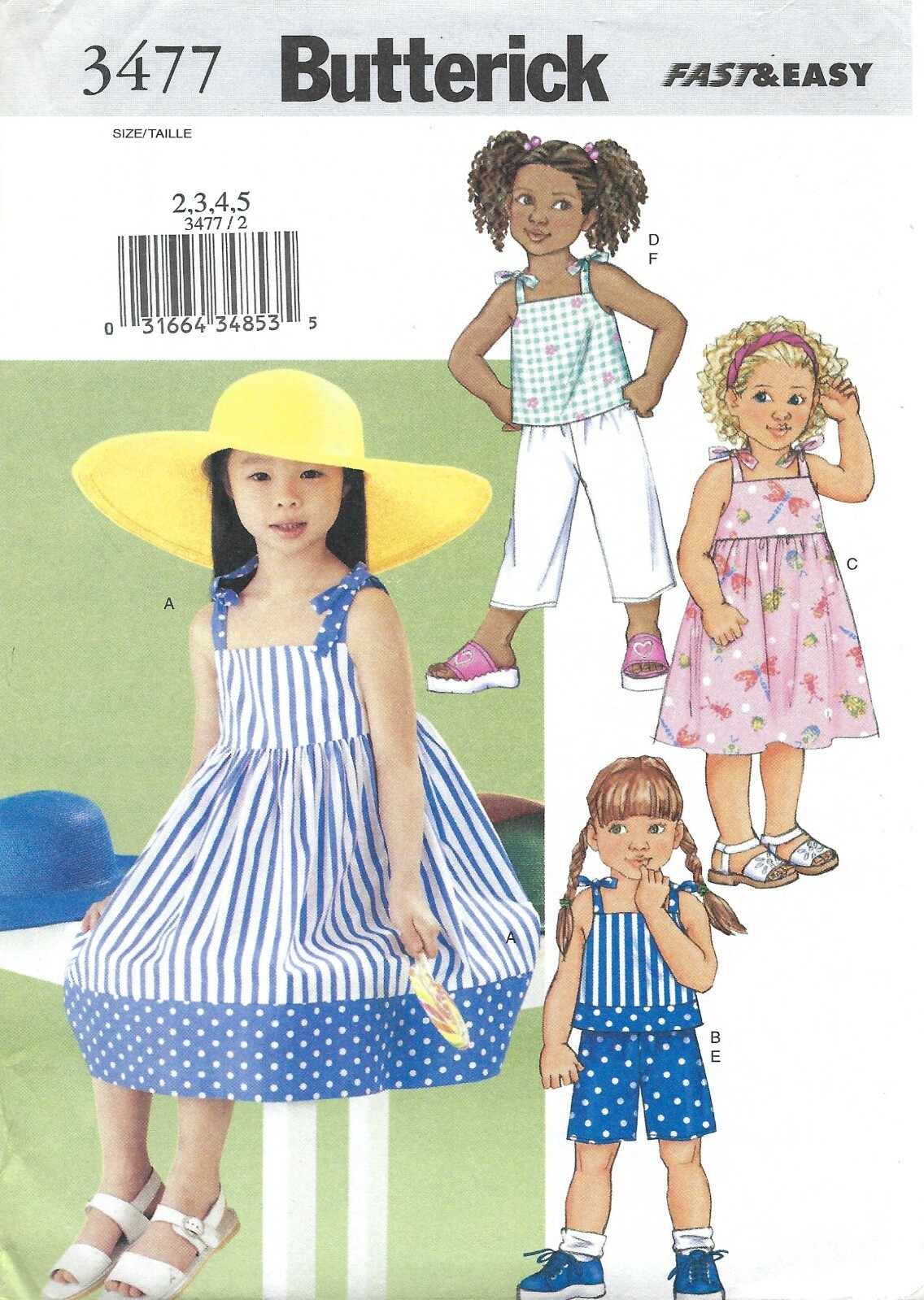 Butterick 3477 A-Line Sundress or Top & Shorts, Capris Sz 2-5 UNCUT Pattern
