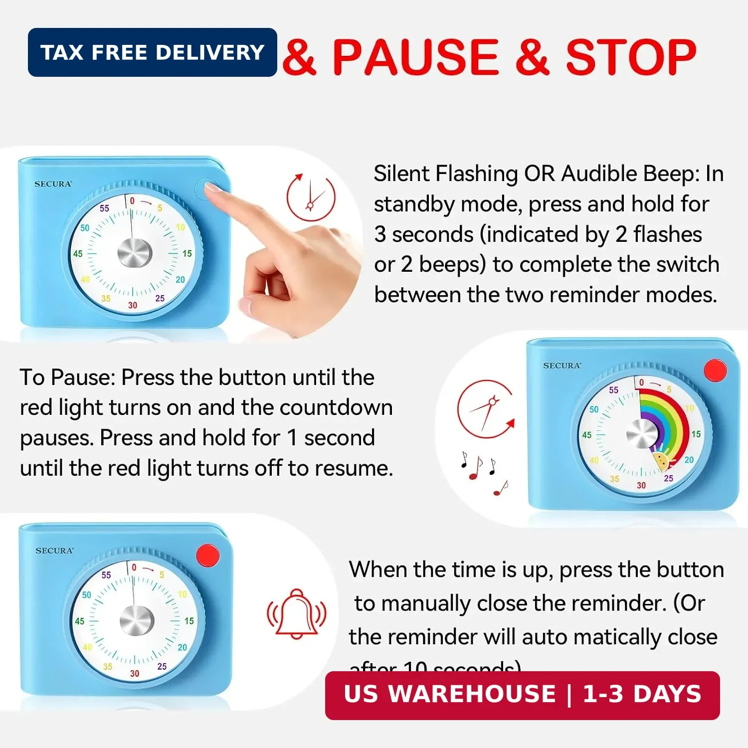 Secura 60 Minute Visual Timer for Kids, Countdown Timer for Time Management | Si
