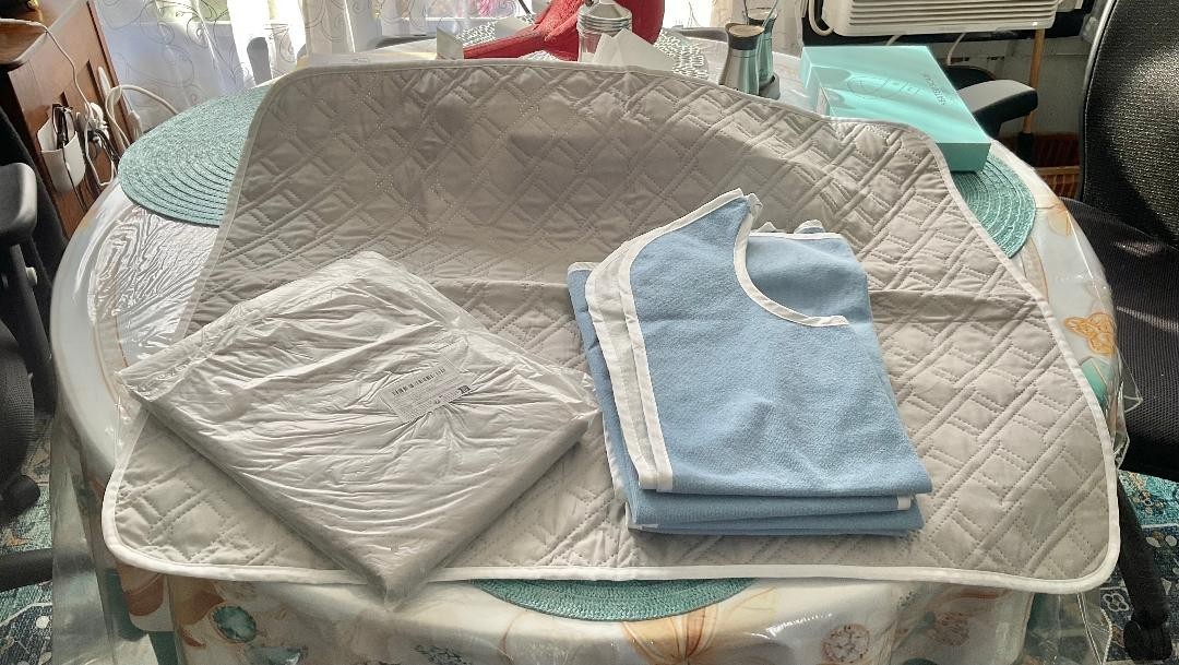 Six {6} Adult Bibs for Eating with Catch Bib Pocket & Two {2} Bed Pads 34"x27"