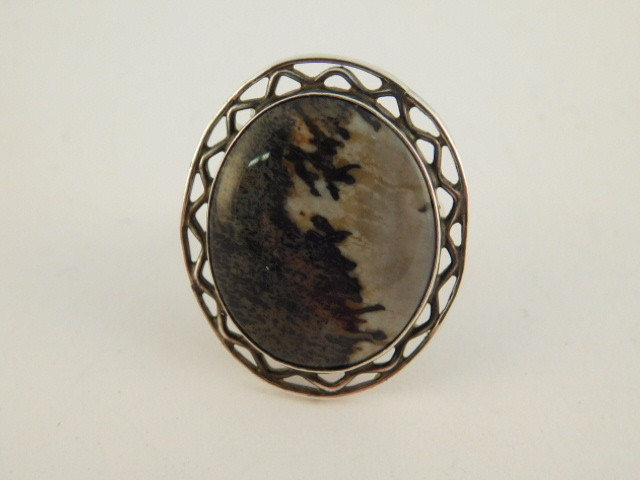DESIGNER PICTURE AGATE STERLING SILVER MODERIST RING ARTISAN HANDCRAFTED SIGNED