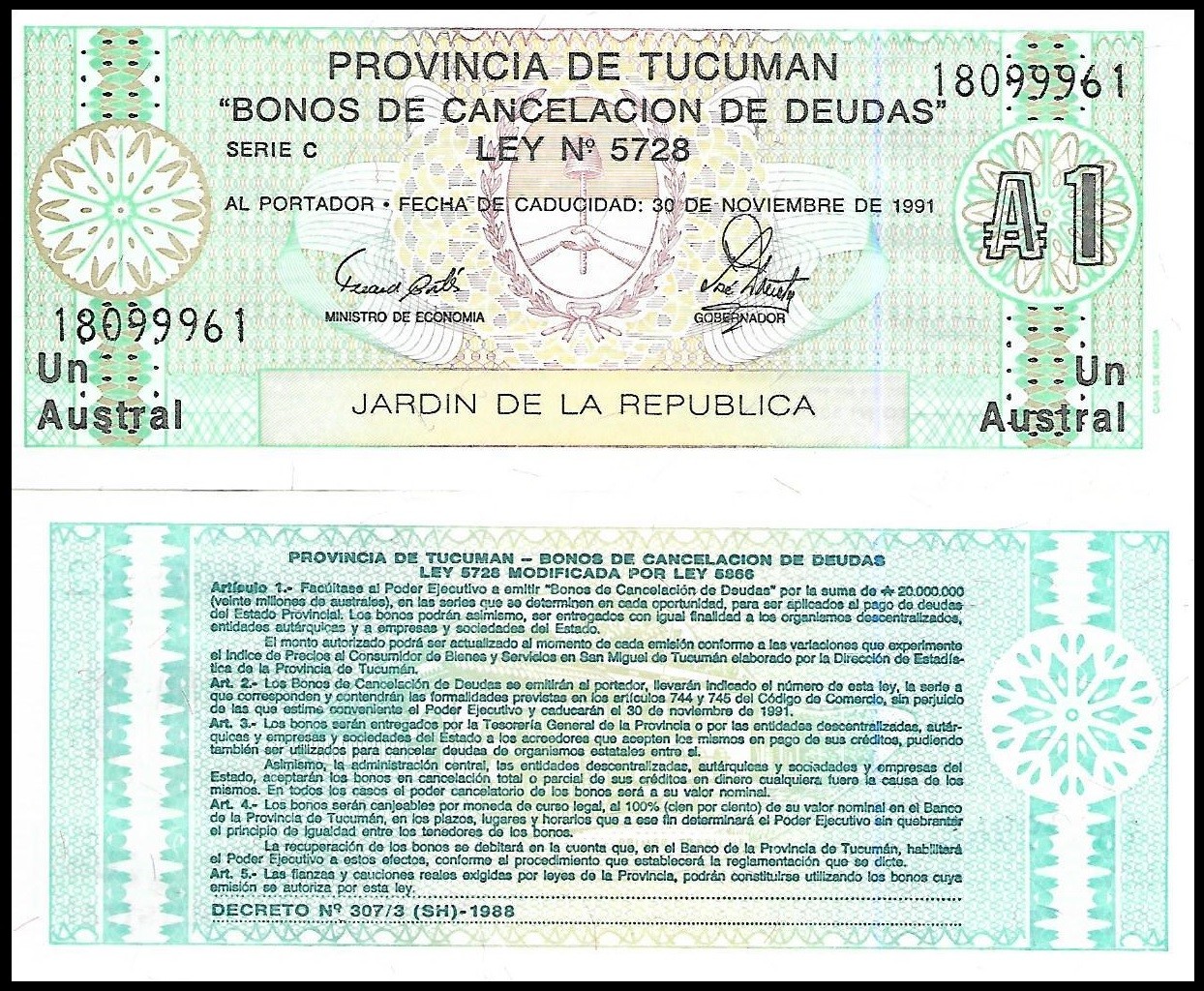 Argentina P-S2711b, 1 Austral, Tucumen Provence Emergency Issue, 1991 UNC
