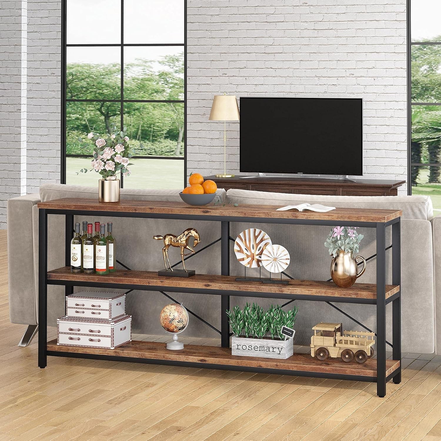 70.9" Extra Long Console Table, 3-Tier Industrial Sofa Table with Metal Frame