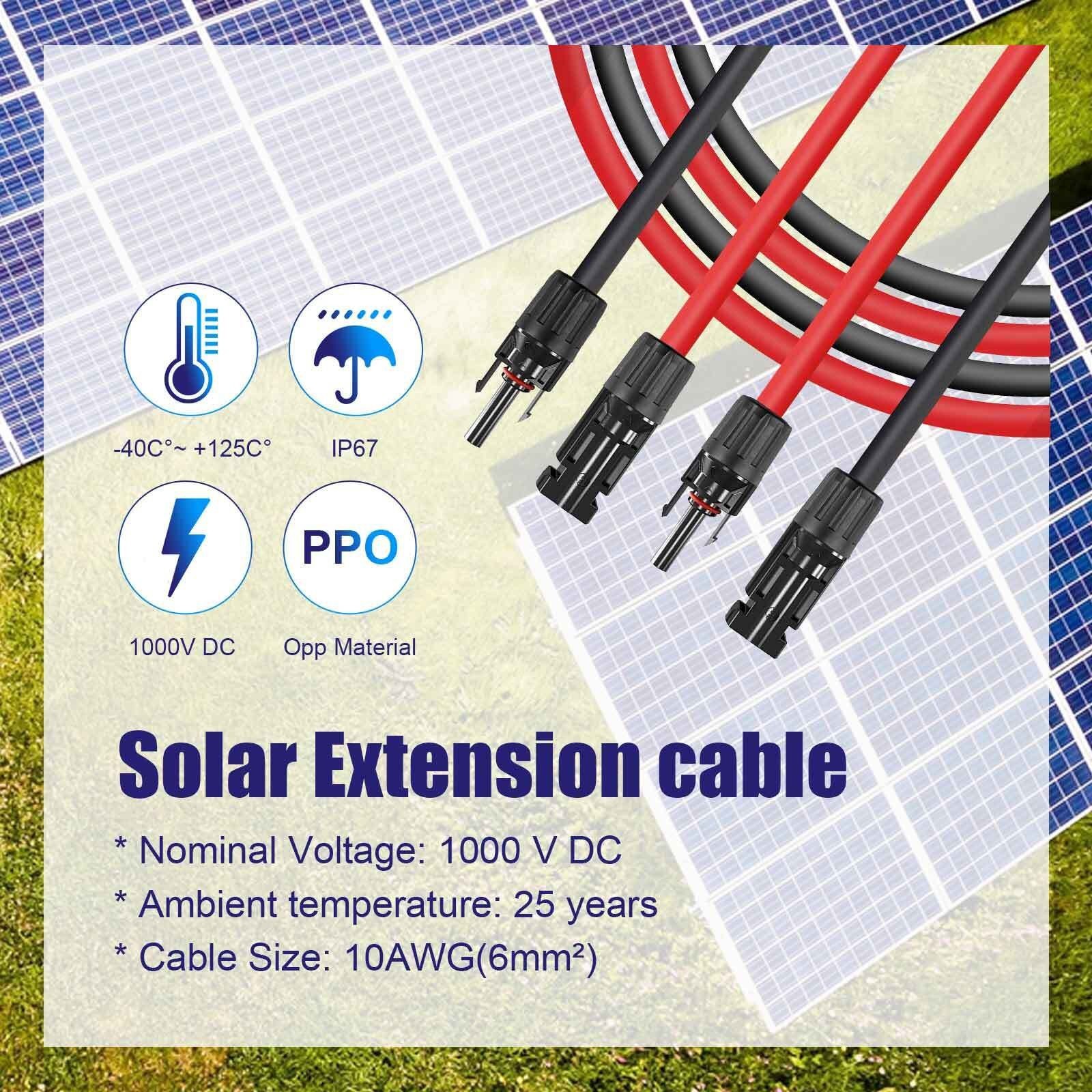 50ft Black + Red 10AWG Solar Panel Extension Cable Flexible Wire Connectors