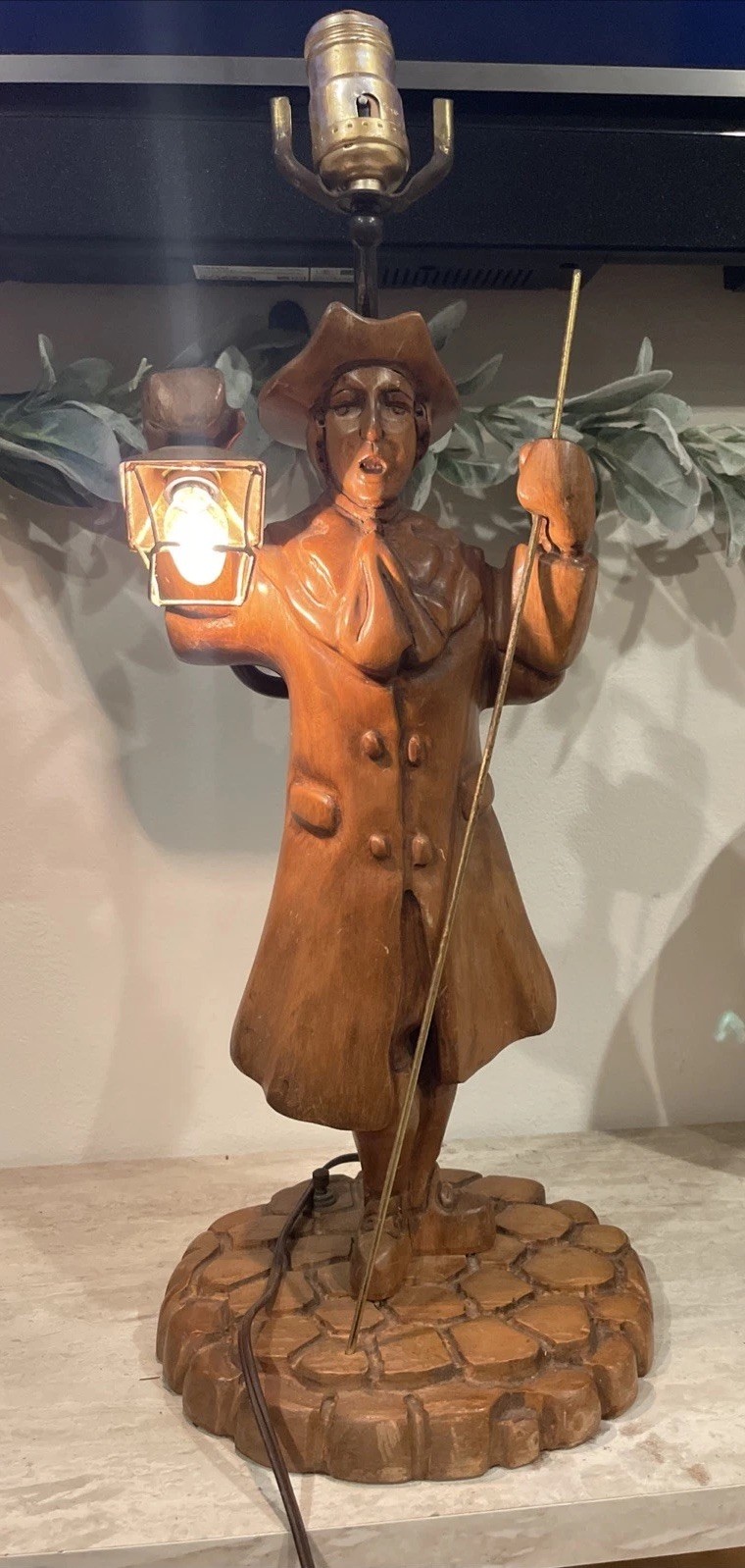 Vintage Colonial Man Wood Table Lamp Lamplighter Town Crier Watchman 1970s