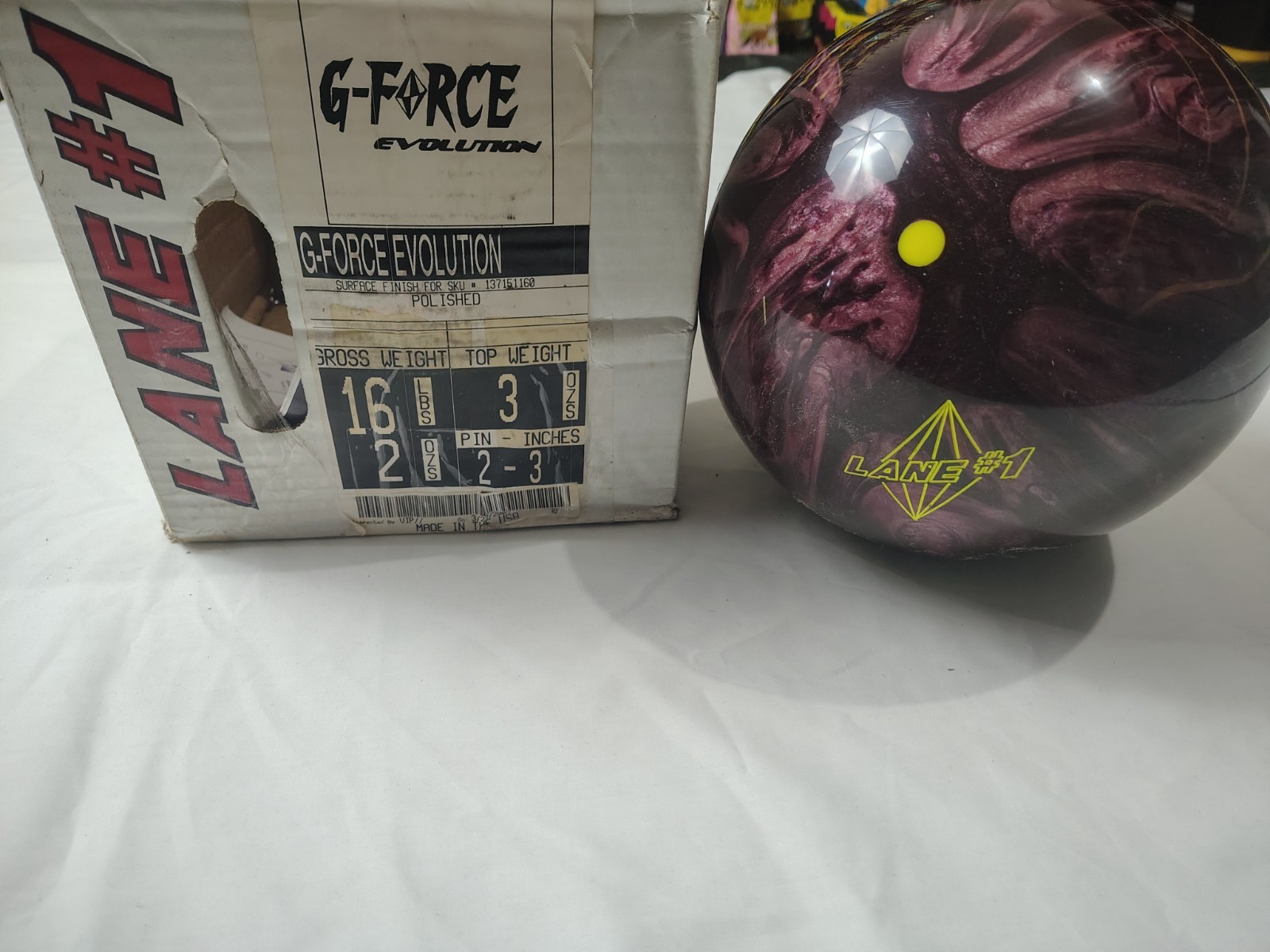 G-Force Evolution Lane #1 16lb Bowling Ball Pin 2-3" Top 3 oz Retired