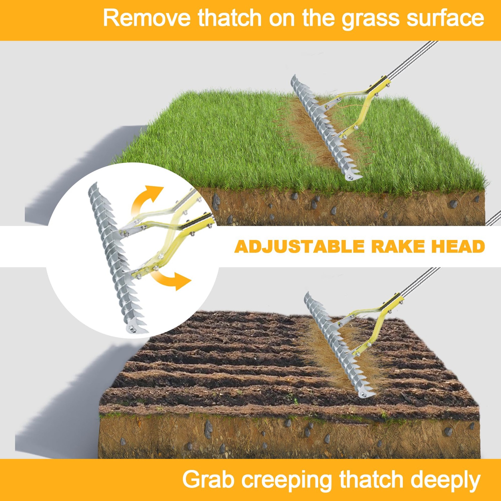 Thatch Rake Dethatcher - 15-Inch Wide Lawn Rake for Dead Grass Removal, Stain...