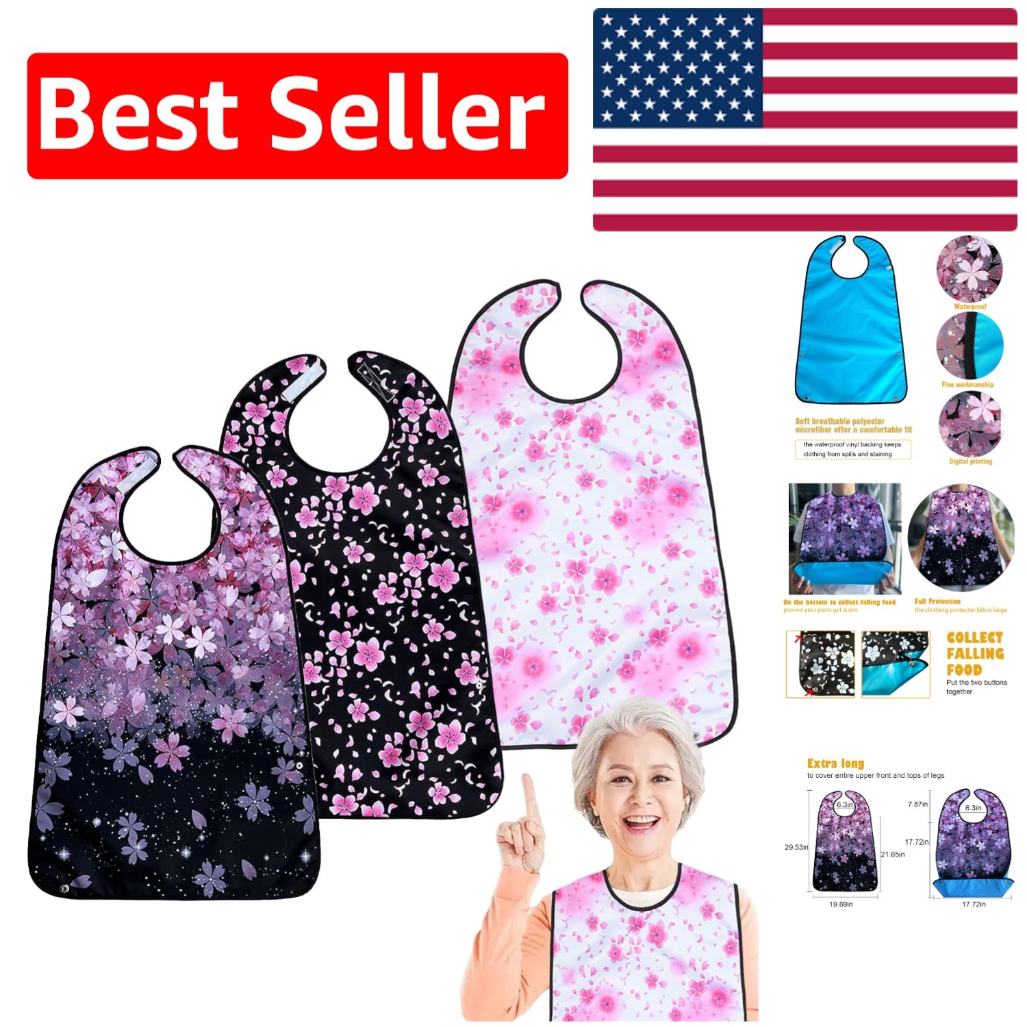 Beautiful Pink 3-Pack Adult Bibs - Waterproof & Easy-Clean Clothing Protectors