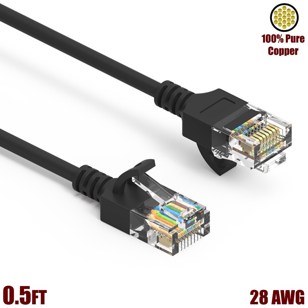 0.5FT Cat6A RJ45 Slim Ethernet LAN Network Cable UTP Gold 28AWG Copper Black