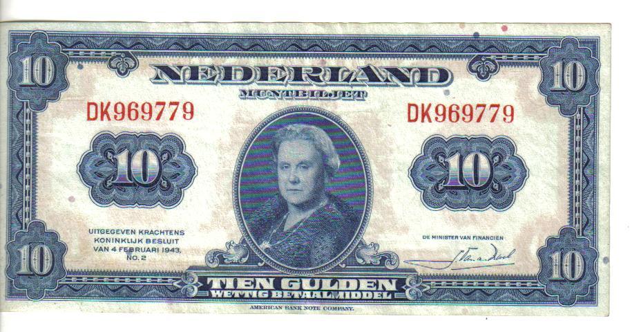 NETHERLANDS, 10  GULDEN, Queen @ ctr, 1943