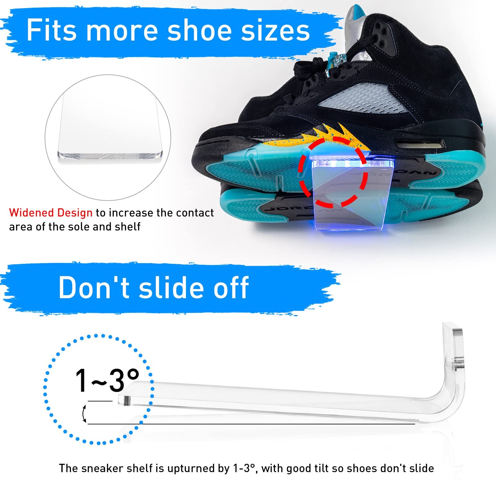 Floating Shoe Display Shelf Set of 6 with Lights, Glow Color Changing Wall Sh...