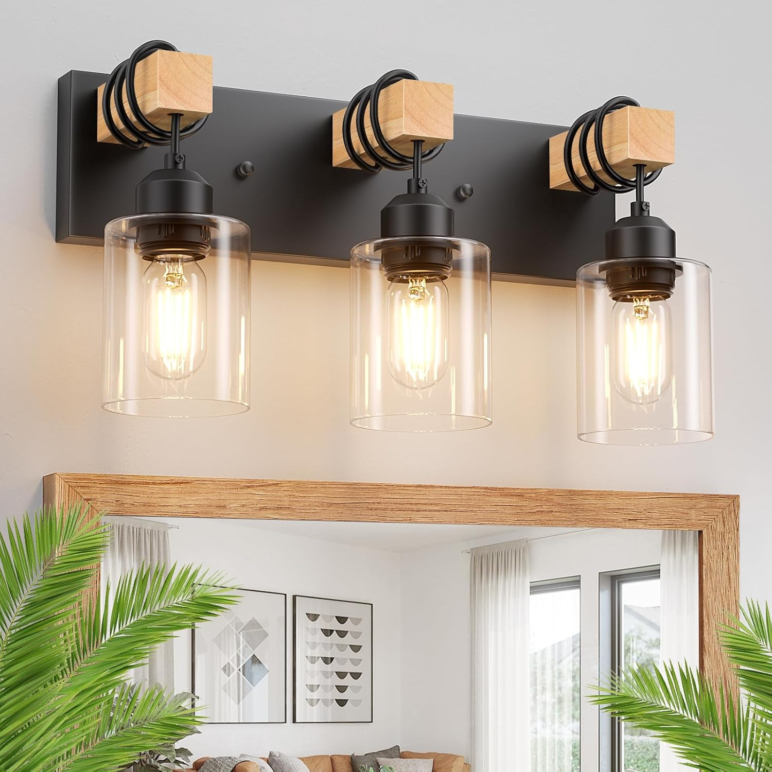 Farmhouse 3-Lights Wood Bathroom Vanity Light, Rustic Black Bathroom Light Fixtu