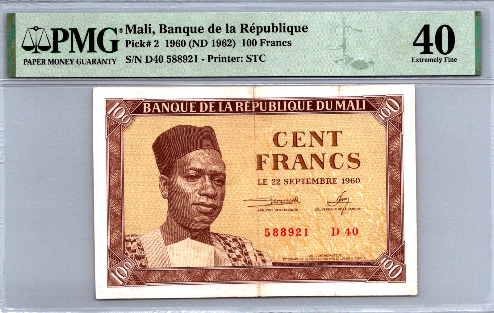 Mali 100 Francs 1962 PMG 40 Extremely Fine Pick # 2