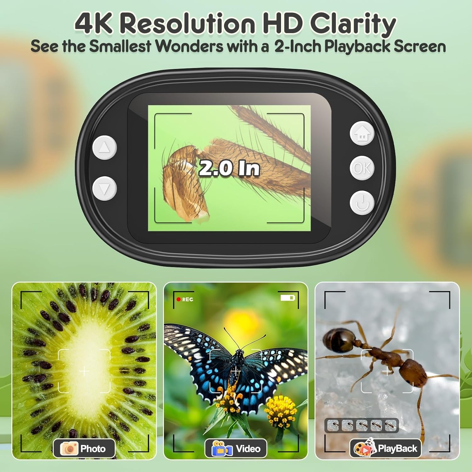 Portable 1000X Digital Microscope Kids 4K 2" Screen Rechargeable w/Slides Gift