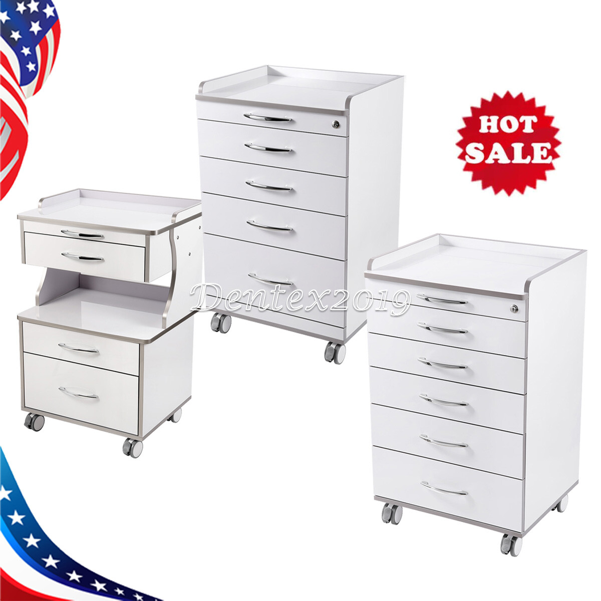 Dental Metal Cart Built-in Socket Tool Lock Trolley Medical Carbinet w/Drawers