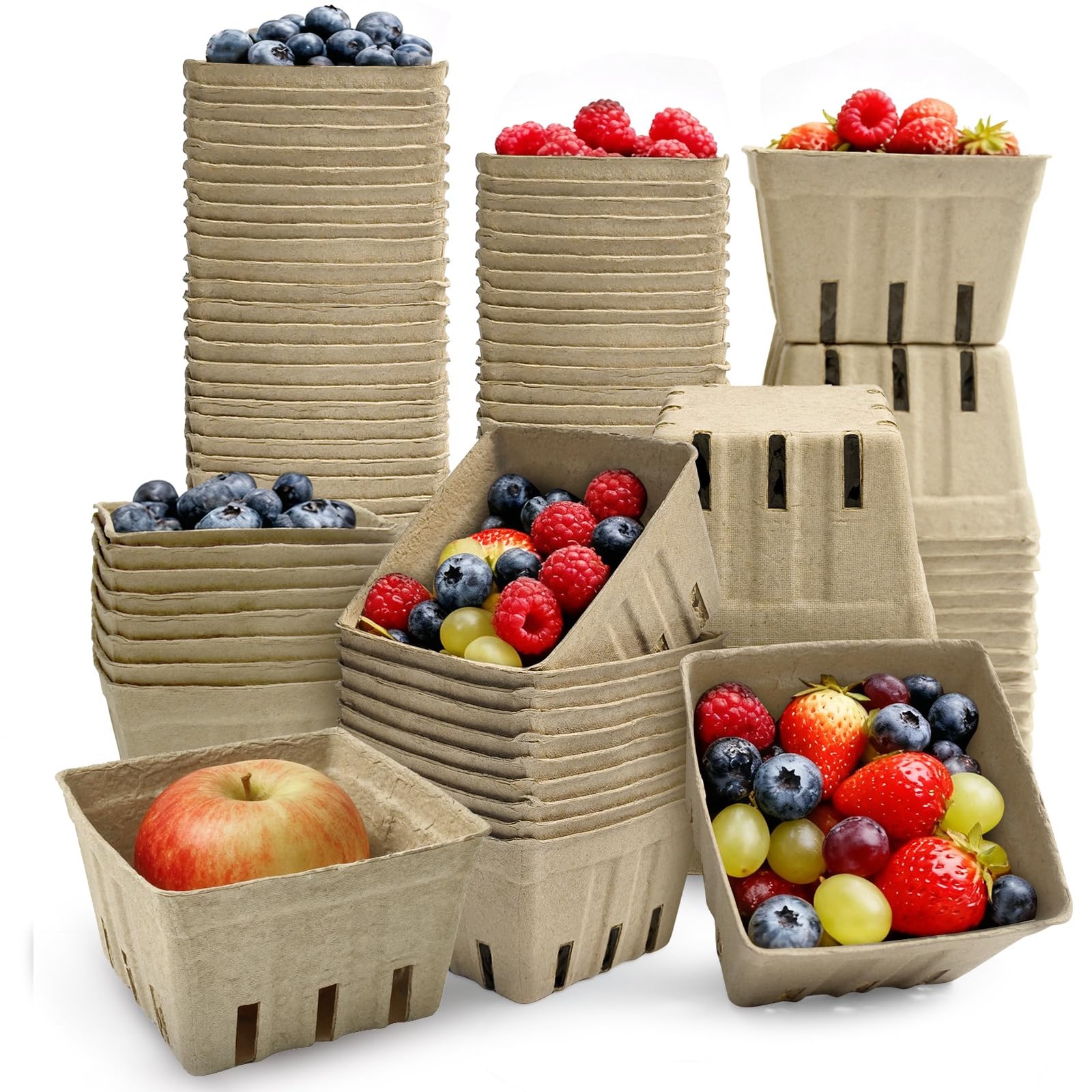 45 Pack 4.3x4.3x2.7/LxWxH inch Natural Pulp Fiber Berry Baskets Vented Basket...