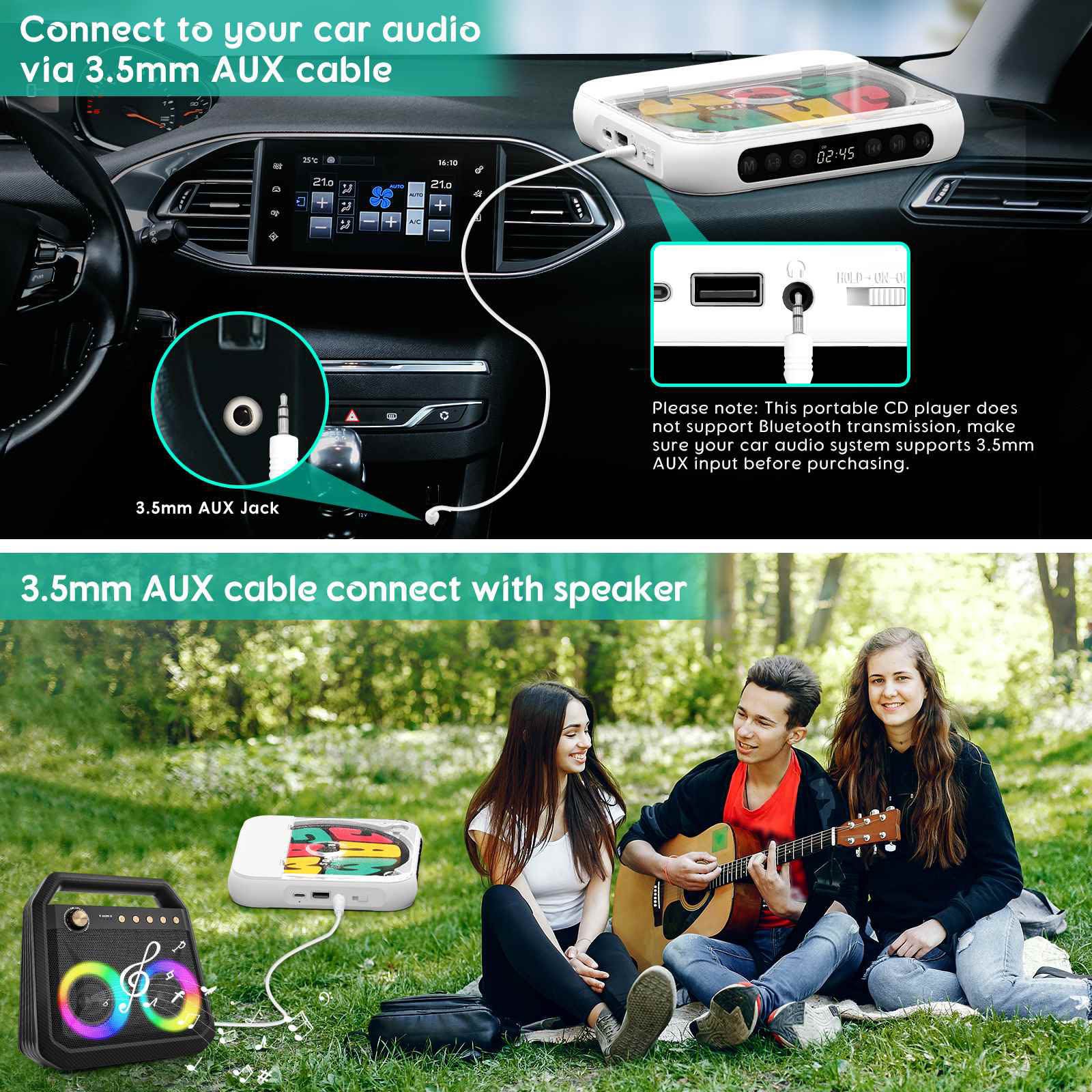 5V2A Bluetooth 5.3 Multi-function CD Player W/Wired Earphone CD/USB/3.5mm AUX