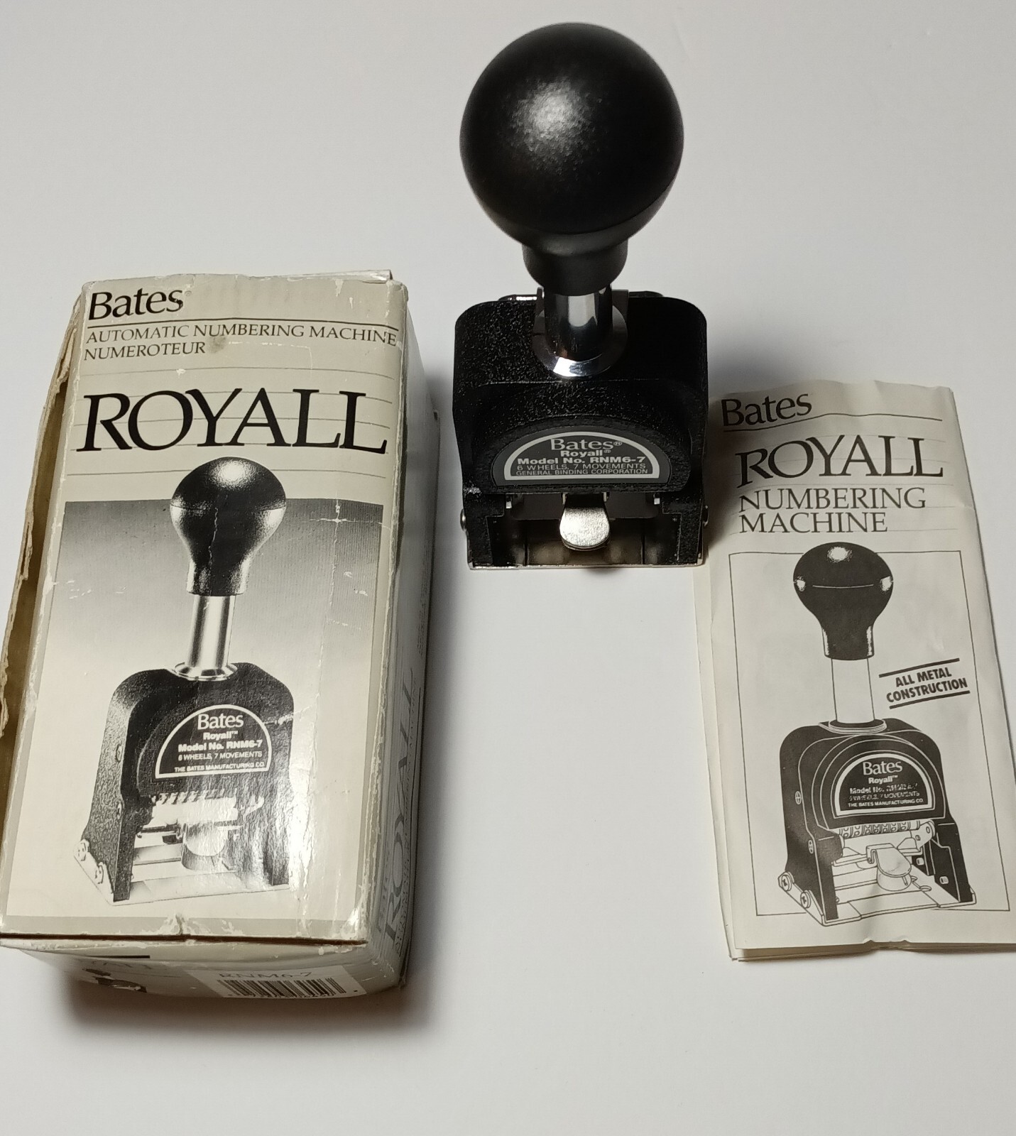 Bates Royall Numbering Machine, Model No. RNM 6-7 with Orig Box and Instr Manual