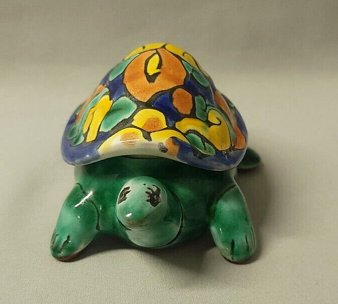Pottery Turtle Trinket Ring Box Painted Colorful Flowers
