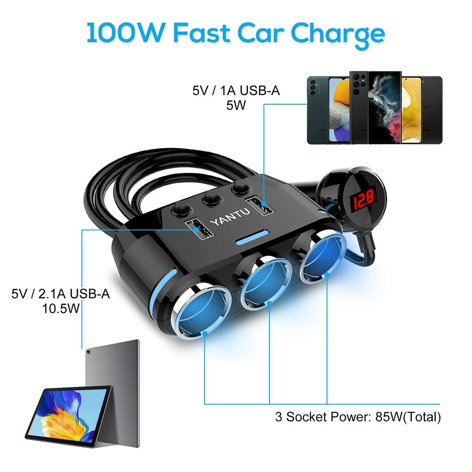 5-in-1 3Way Car Cigarette Lighter Socket Splitter Fast Charger Power Adapter 12V