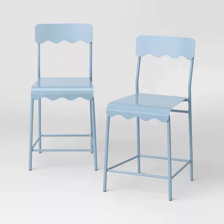 Set of 2 24" Wavy Metal Counter Height Barstool with Footrest Blue