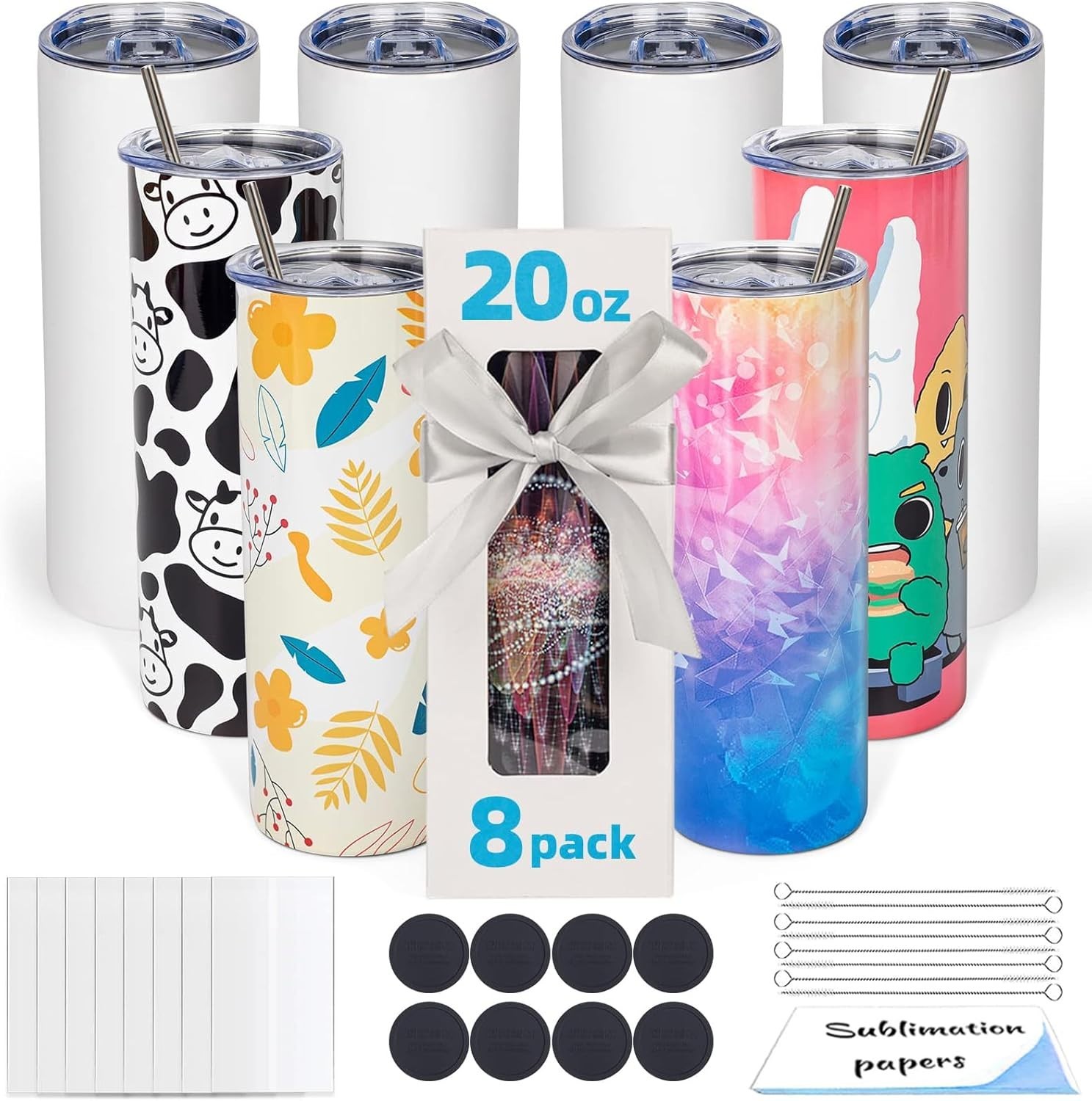 8 Pack 20oz Sublimation Tumbler Blanks Skinny Straight in Bulk, Stainless Steel