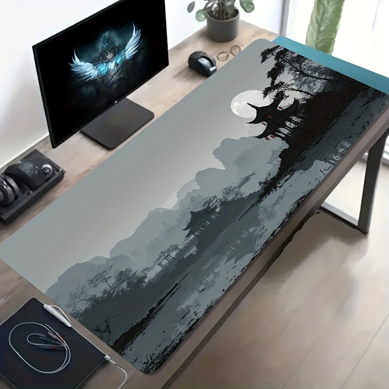 A Large Gaming Mouse Pad Featuring an Ancient Style Art Design of Ink Wash Pavi