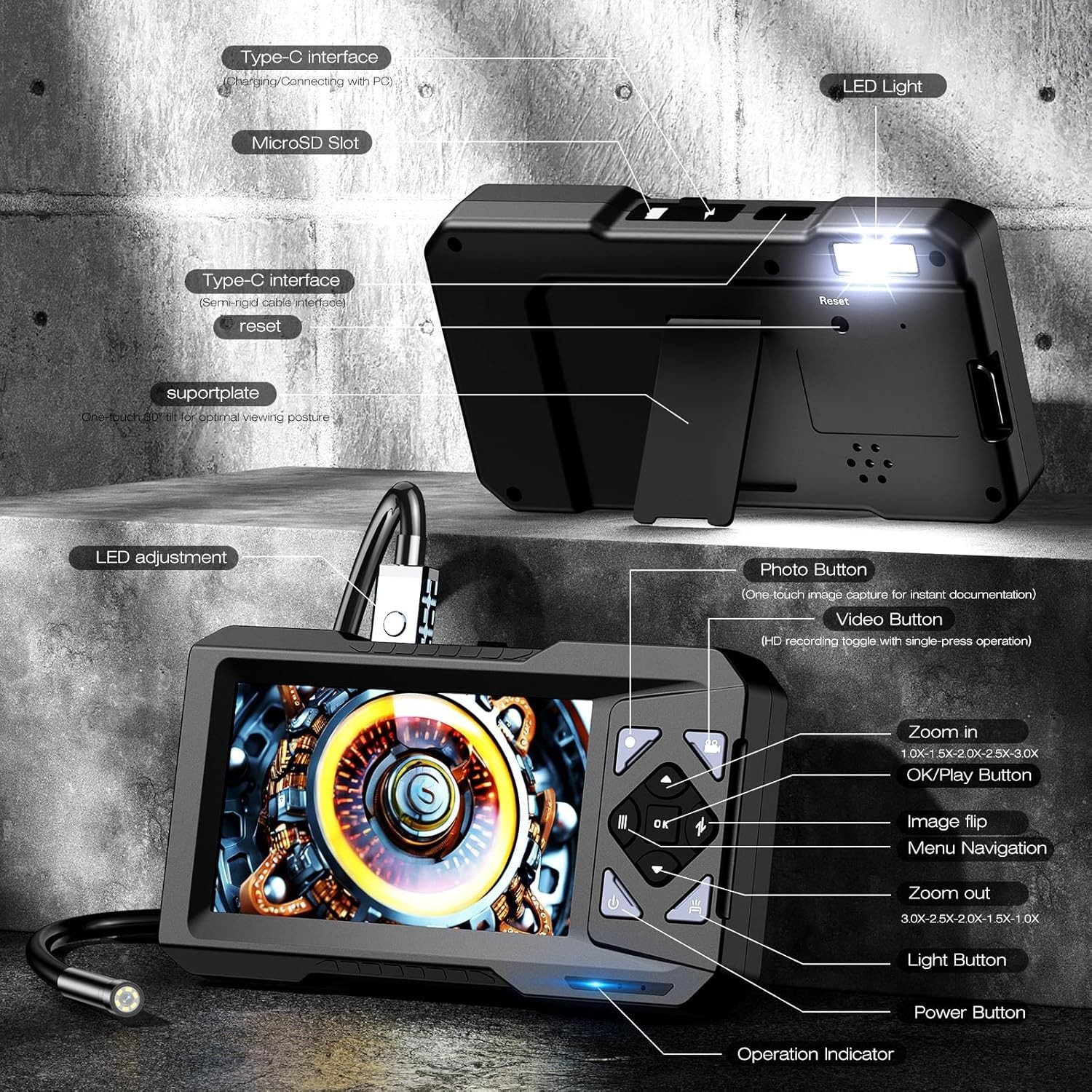 Industrial Endoscope Camera 1080P HD 4.3'' Screen Borescope Inspection Camera US