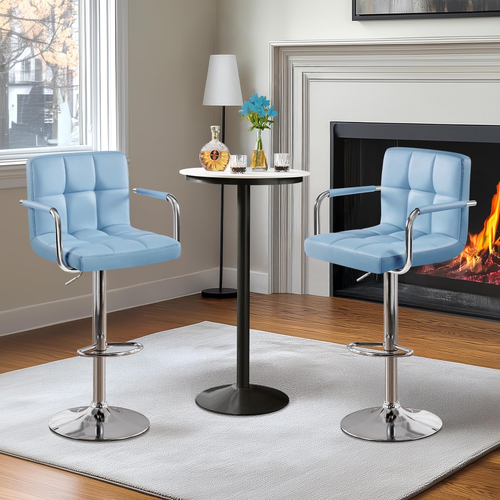 Bar Stools 2Pcs, Swivel Adjustable PU Leather Barstools, Kitchen Counter Chairs