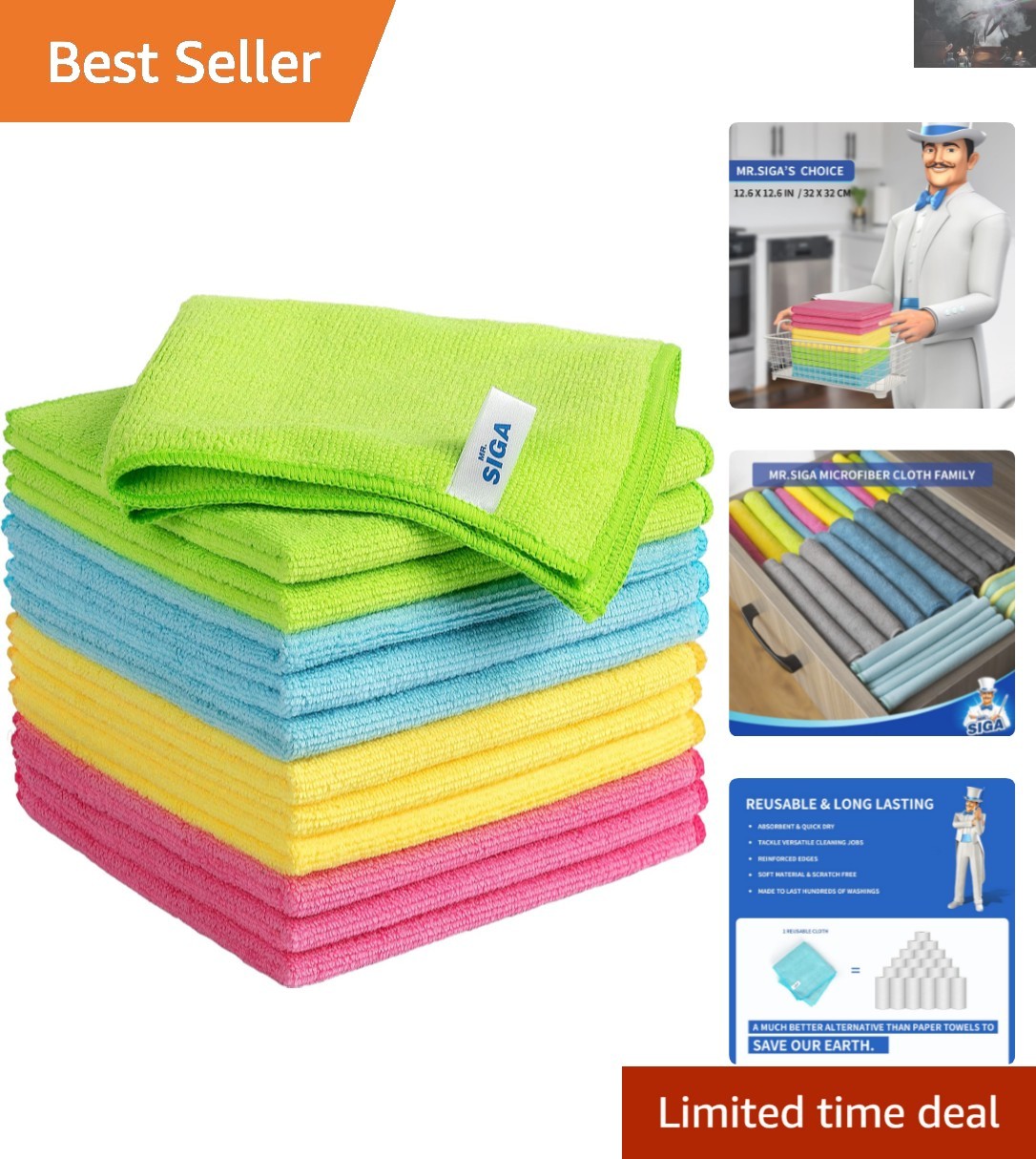 Durable Lint-Free Microfiber Cleaning Cloths - 12-Piece Set, 12.6" x 12.6"