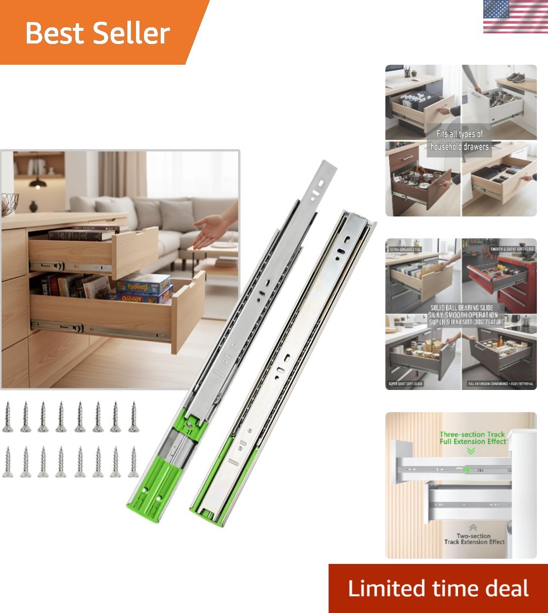 10 Pairs of 22-Inch Soft Close Drawer Slides - Full Extension & Stainless Steel
