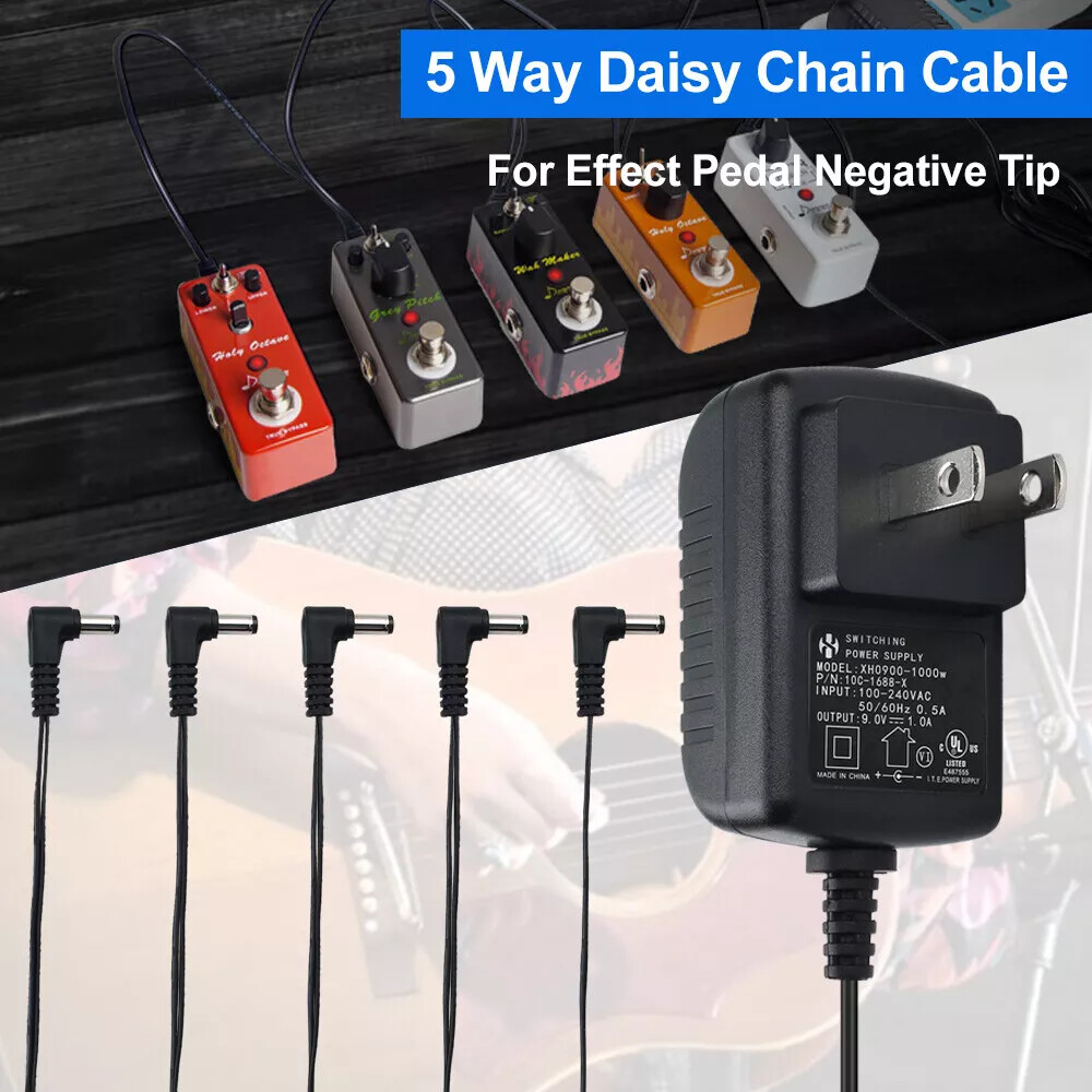 9V 1A Power Supply Multi-Plug w/ 5 Cables 9 Volt Adapter for Guitar Effect Pedal
