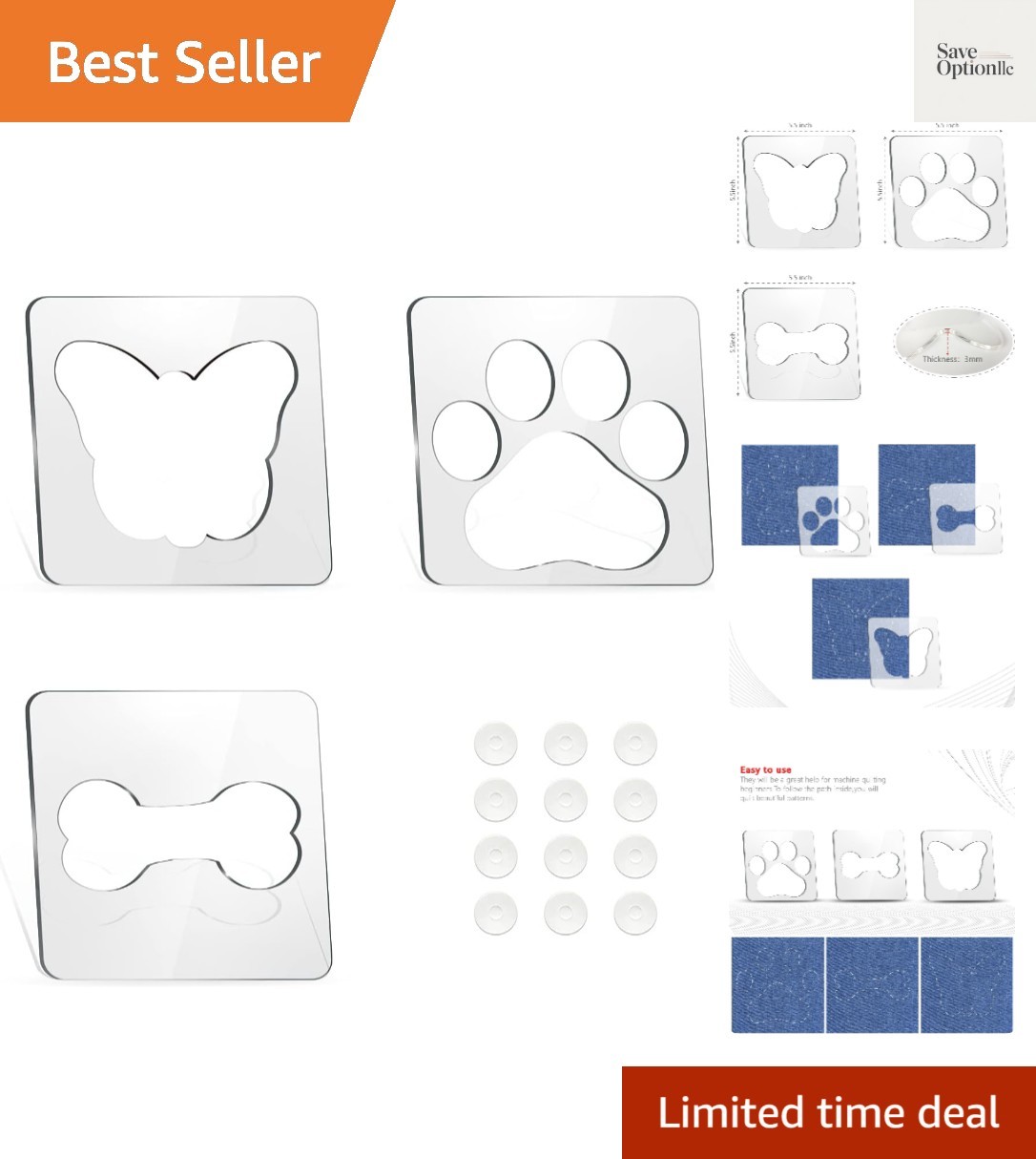 3Pcs Free Motion Quilting Rulers and Templates Set Butterfly Pet Footprint Bo...